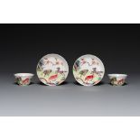 A pair of Chinese famille rose cups and saucers with horses, Yongzheng