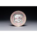 A Chinese famille rose semi-eggshell ruby-back plate, 19/20th C.