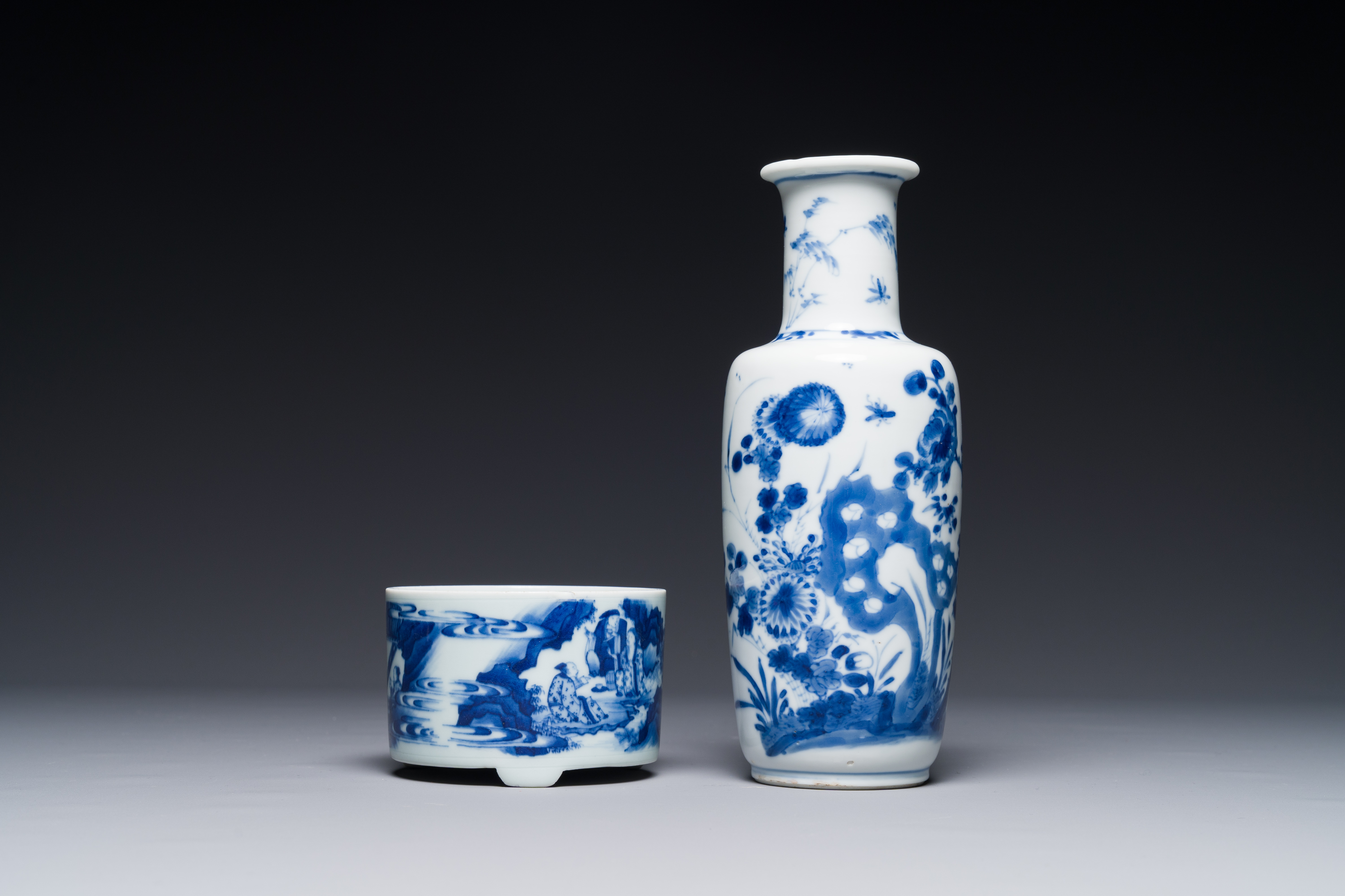 A Chinese blue and white rouleau vase and a tripod censer, Kangxi - Image 2 of 4
