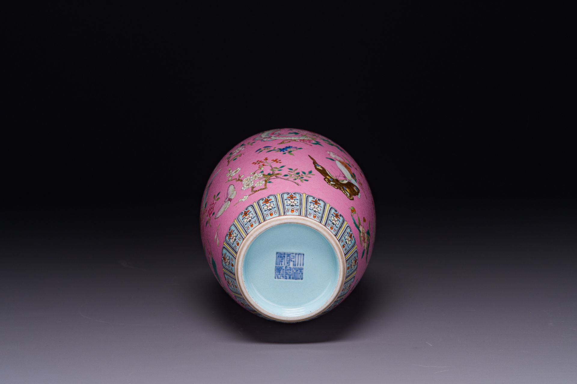 A Chinese pink-sgraffito-ground famille rose 'butterfly' vase, Qianlong mark and possibly of the per - Image 8 of 8