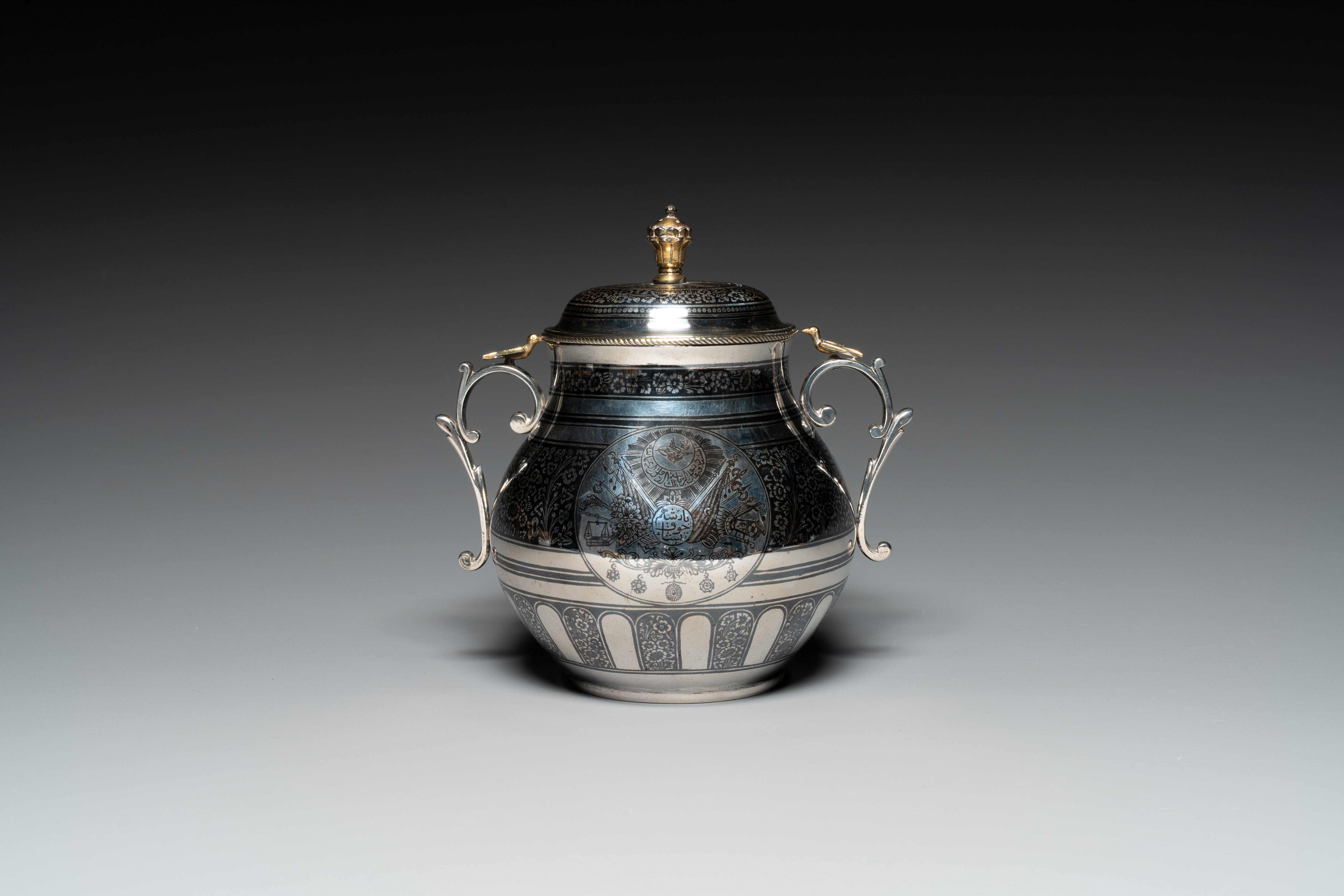 An Ottoman parcel-gilt niello silver vessel and cover, Turkey, period of Sultan Abdulhamid II (1876- - Image 2 of 6