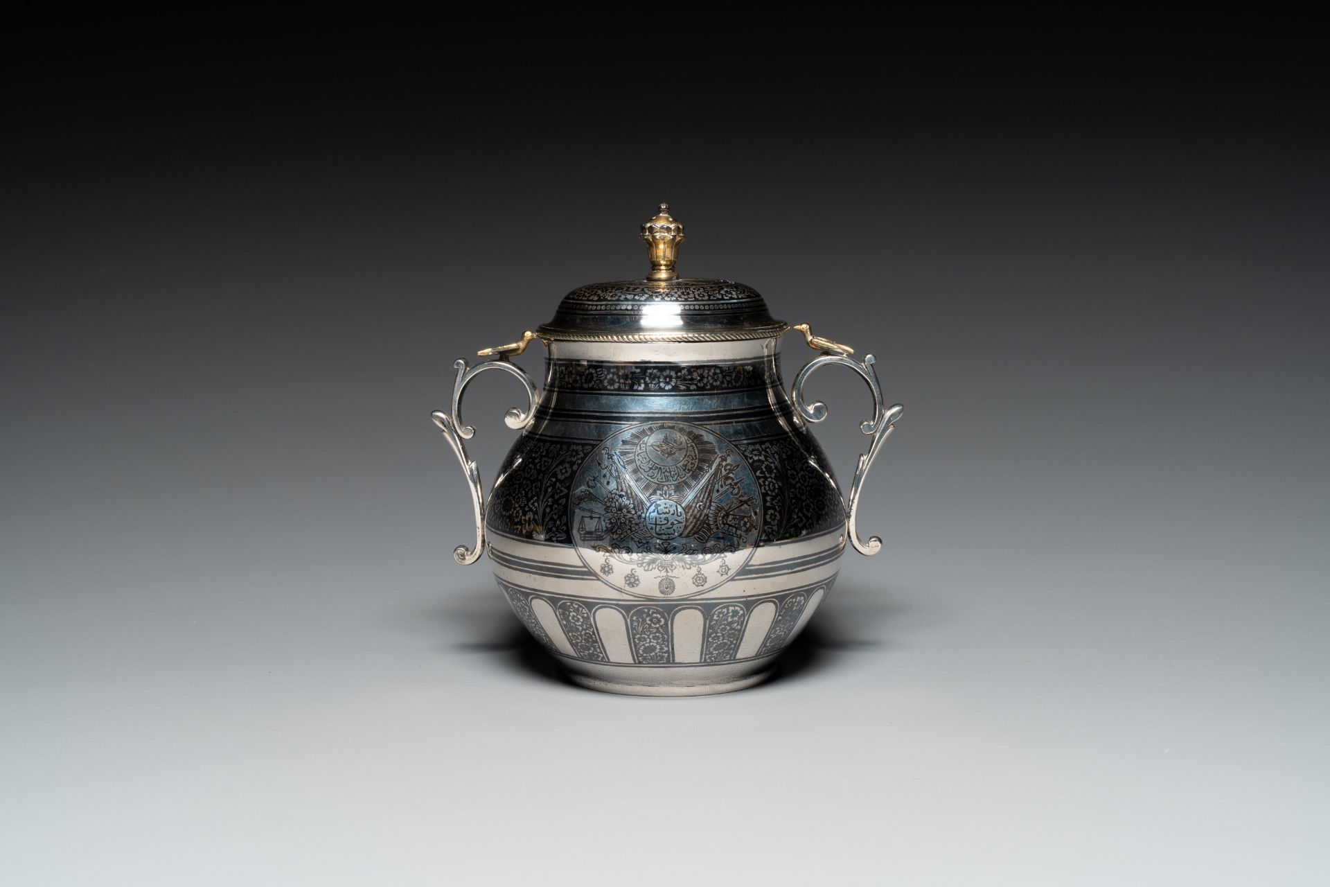 An Ottoman parcel-gilt niello silver vessel and cover, Turkey, period of Sultan Abdulhamid II (1876- - Image 2 of 6