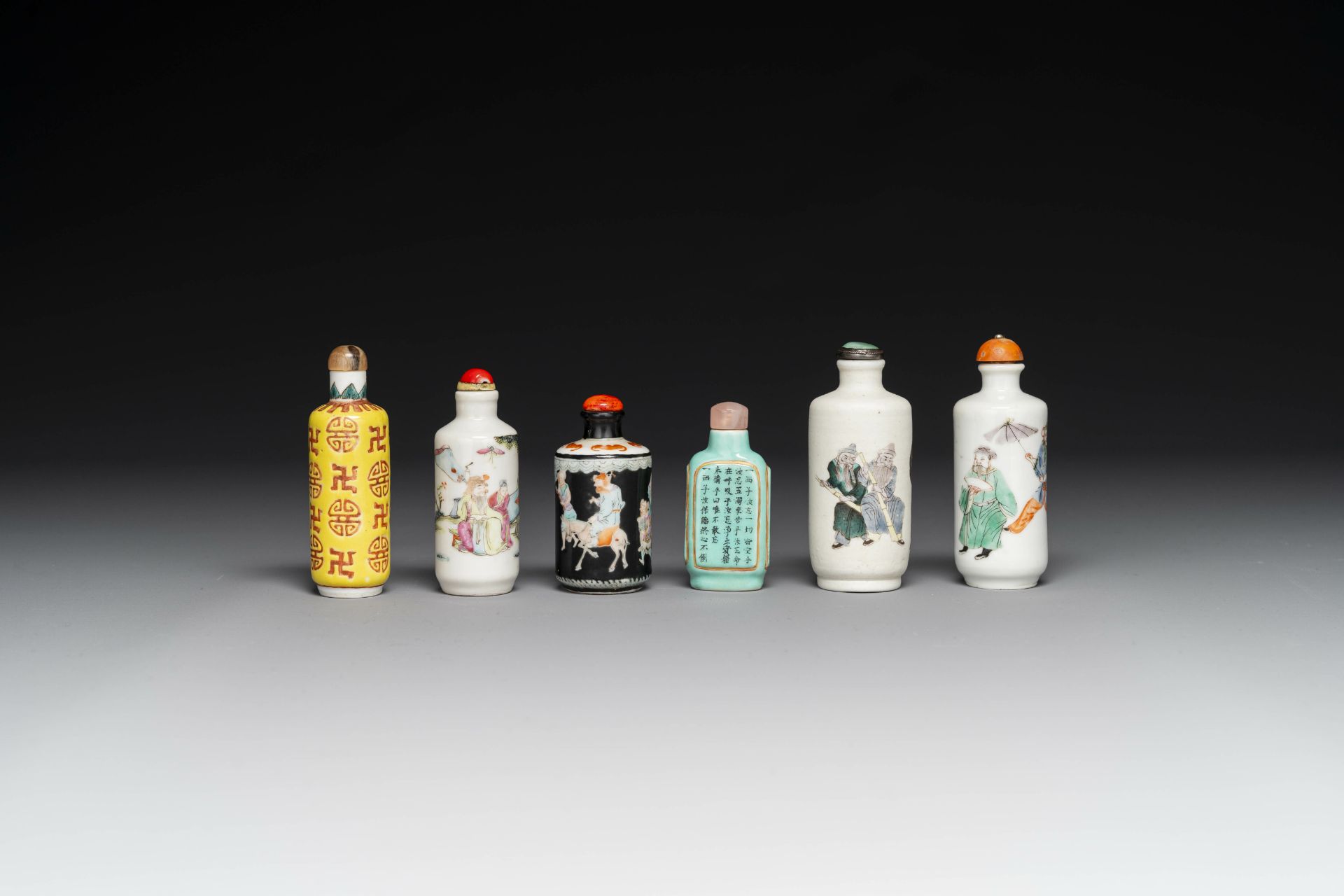 Six various Chinese famille verte and rose snuff bottles, shou mark, 19/20th century