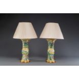 A pair of Chinese verte biscuit 'gu' vases with gilt bronze lamp mounts, 19th C.