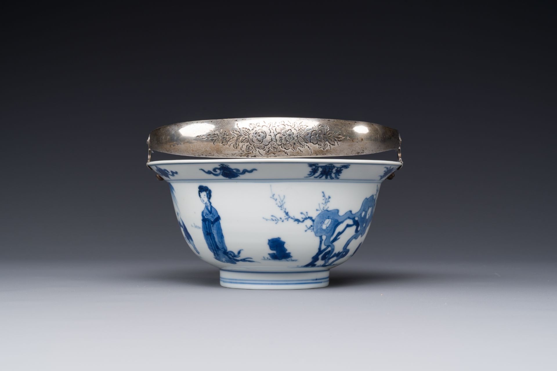 A Chinese blue and white bowl depicting playing boys and ladies with a silver handle, Chenghua mark, - Image 5 of 6