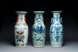 A Chinese famille rose vase and two celadon-ground blue and white vases, 19th C.