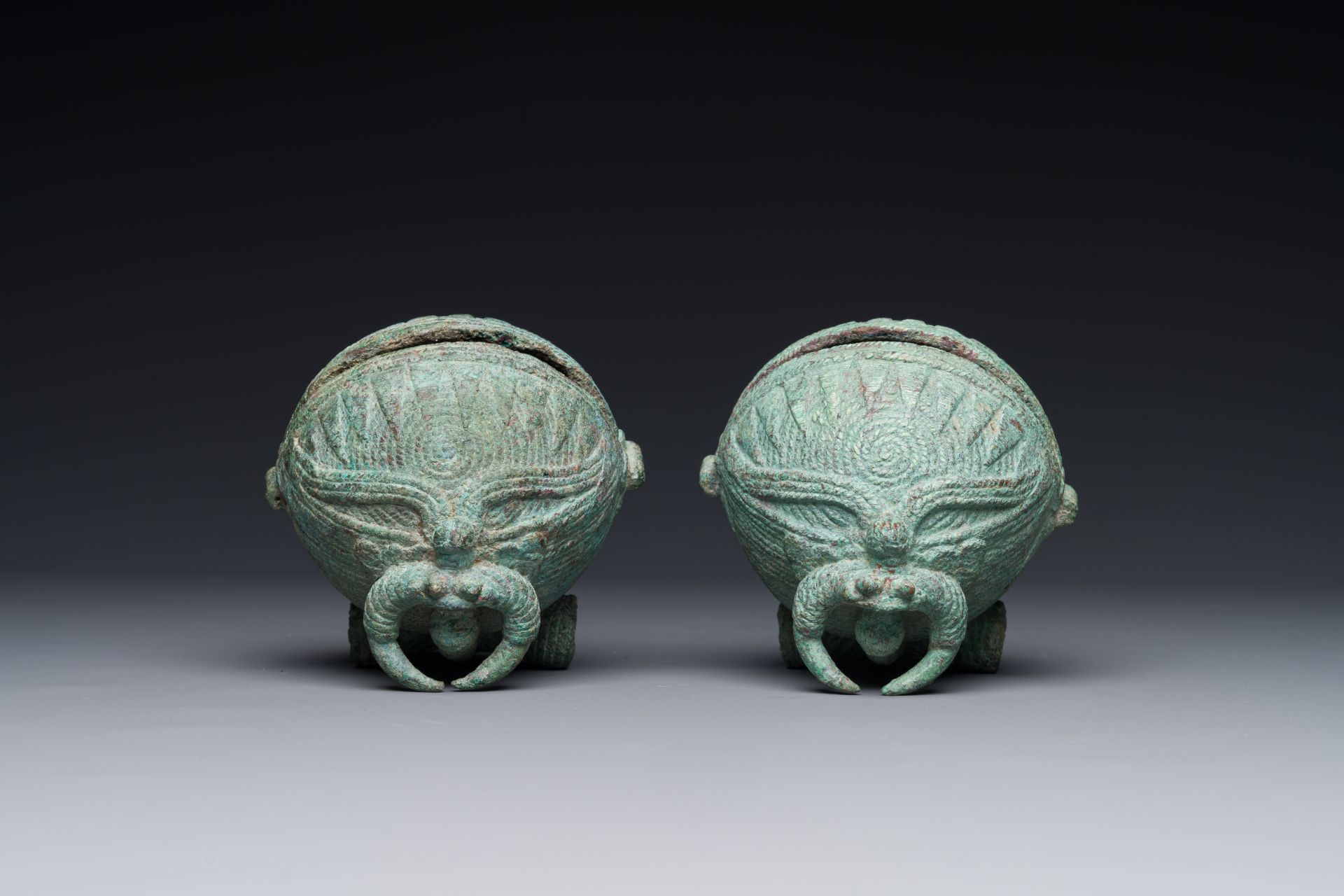 A pair of round bronze bells for water buffalo, Cambodia, Batambang provence, 300 BC - Image 4 of 15