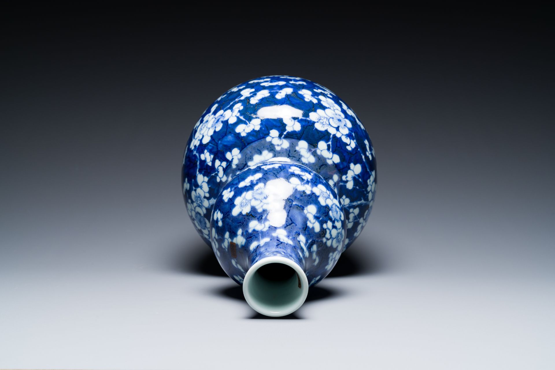 A Chinese blue and white double gourd 'prunus on cracked ice' vase, 18th C. - Image 5 of 6