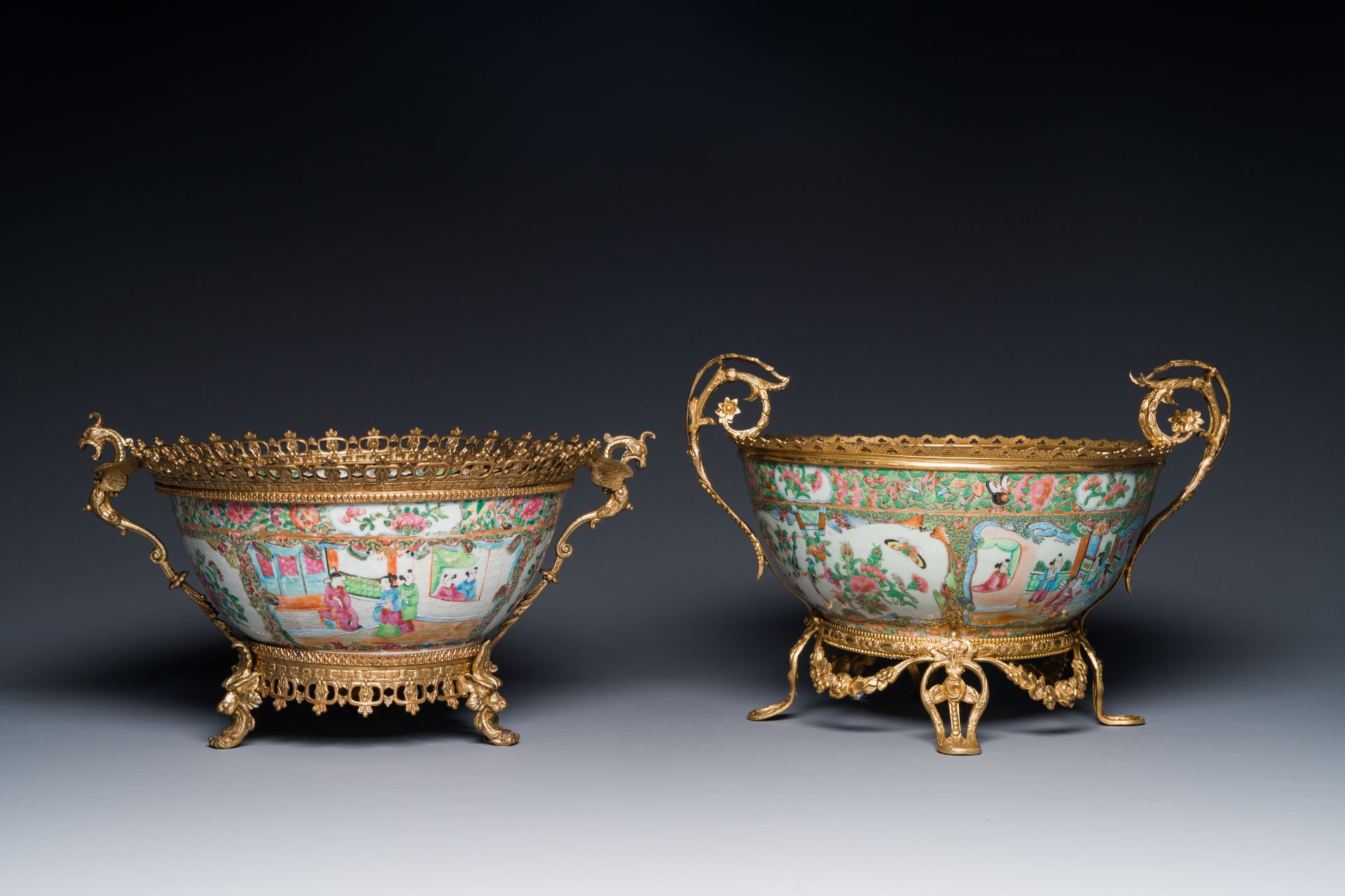 Two Chinese Canton famille rose bowls with gilt bronze mounts, 19th C. - Image 3 of 4