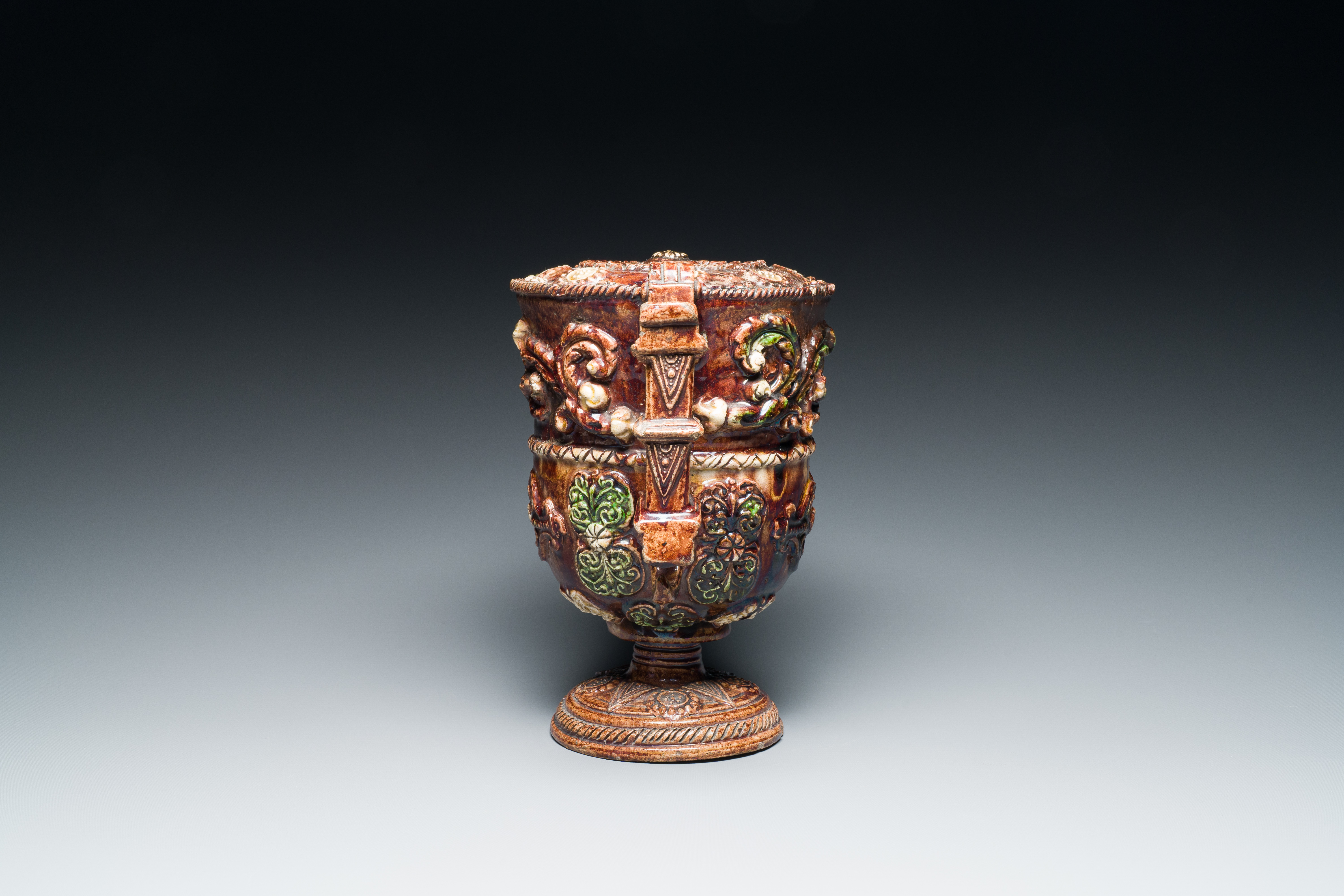 A French polychrome lead-glazed earthenware puzzle jug, Saintonge, 1st half 17th C. - Image 12 of 19