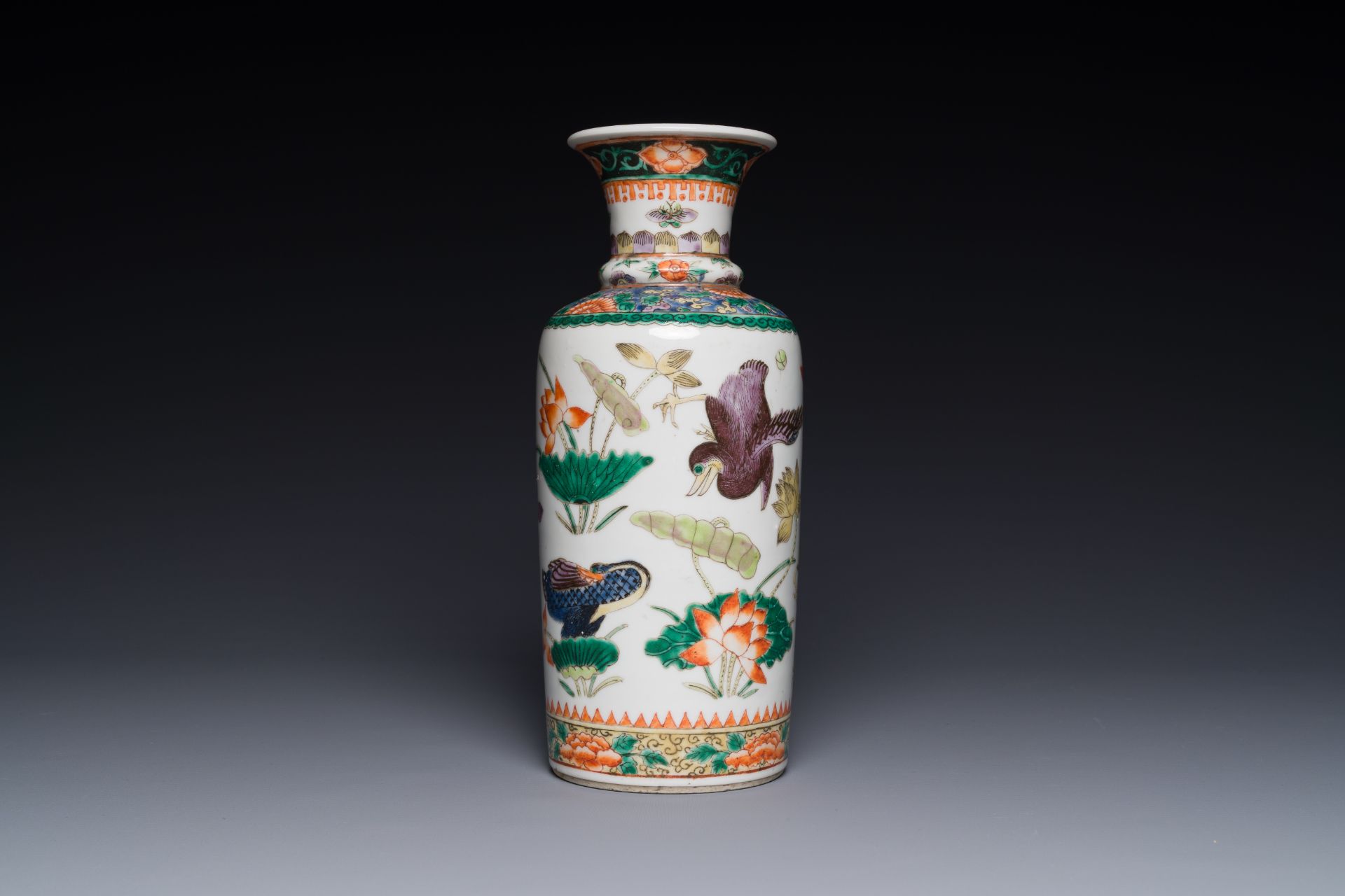 A Chinese famille verte 'mandarin duck and lotus' rouleau vase , 19th C.