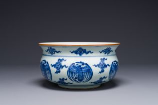 A Chinese blue and white 'cranes' censer, 19th C.