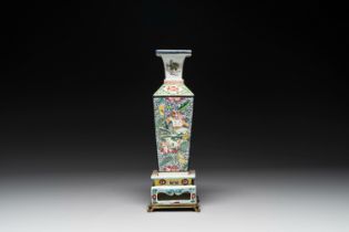 A square Chinese famille rose vase and stand with gilt bronze mount, Yongzheng