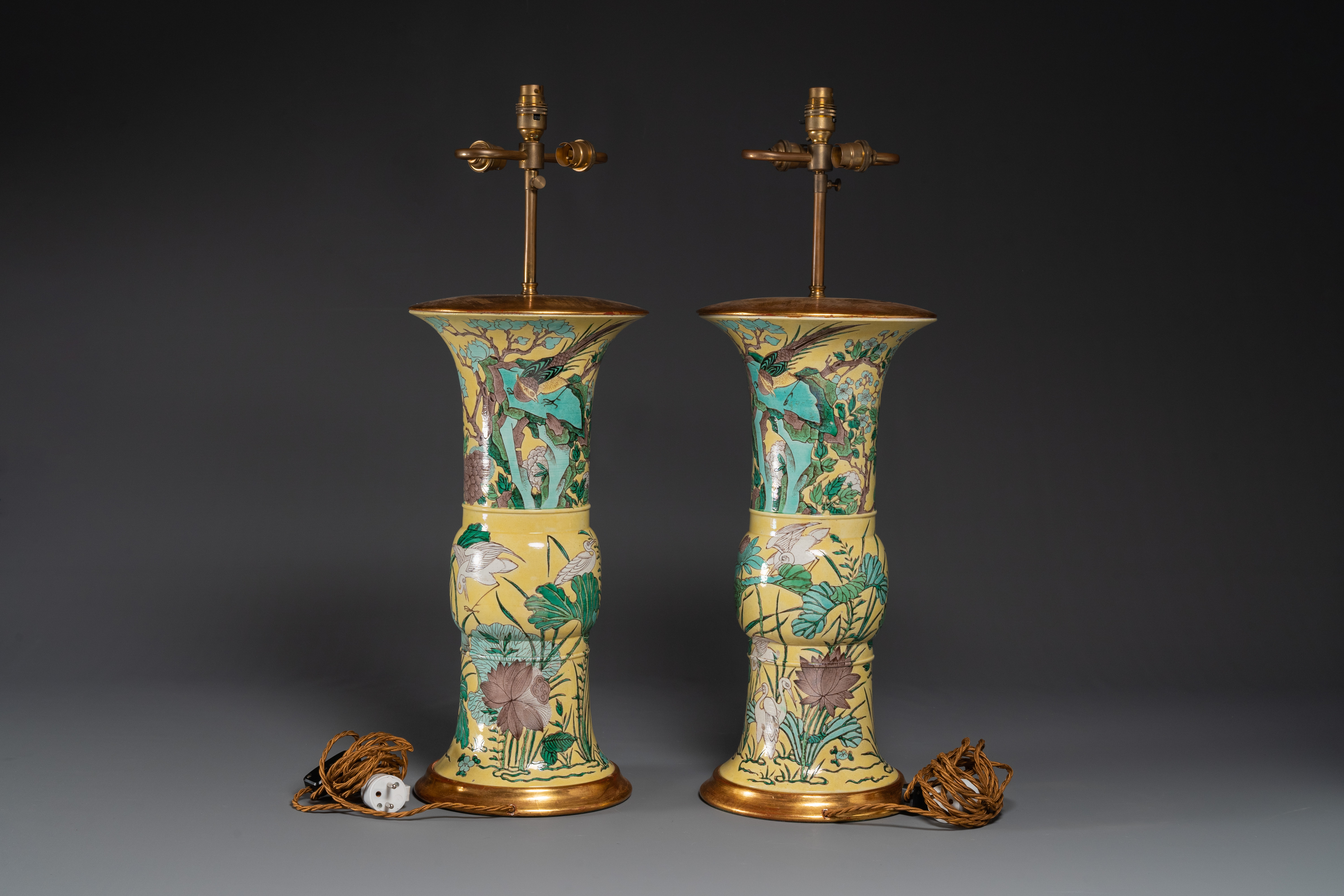 A pair of Chinese verte biscuit 'gu' vases with gilt bronze lamp mounts, 19th C. - Image 4 of 6