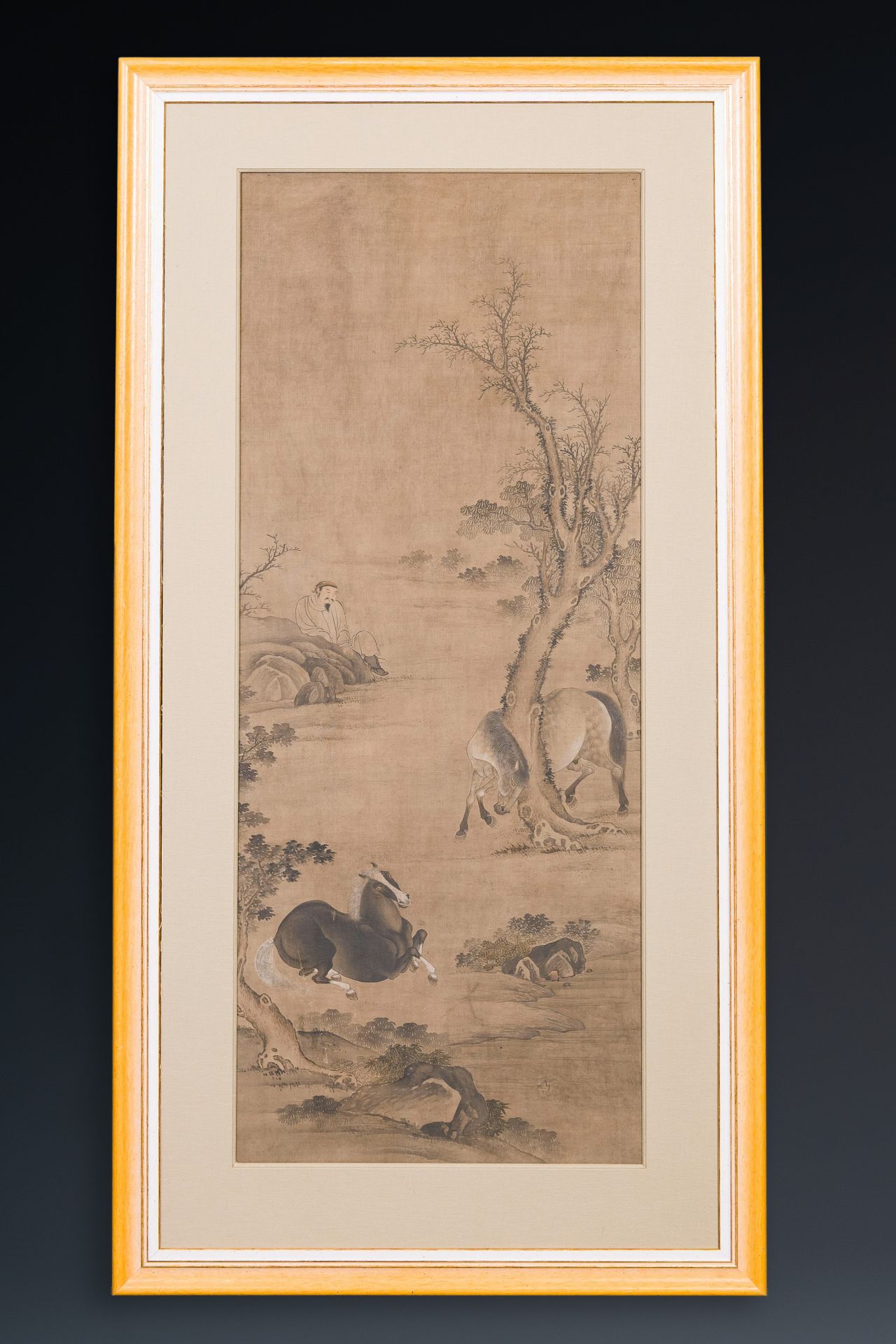 Chinese school: 'Man with two horses', ink and colour on silk, 18/19th C. - Image 2 of 5