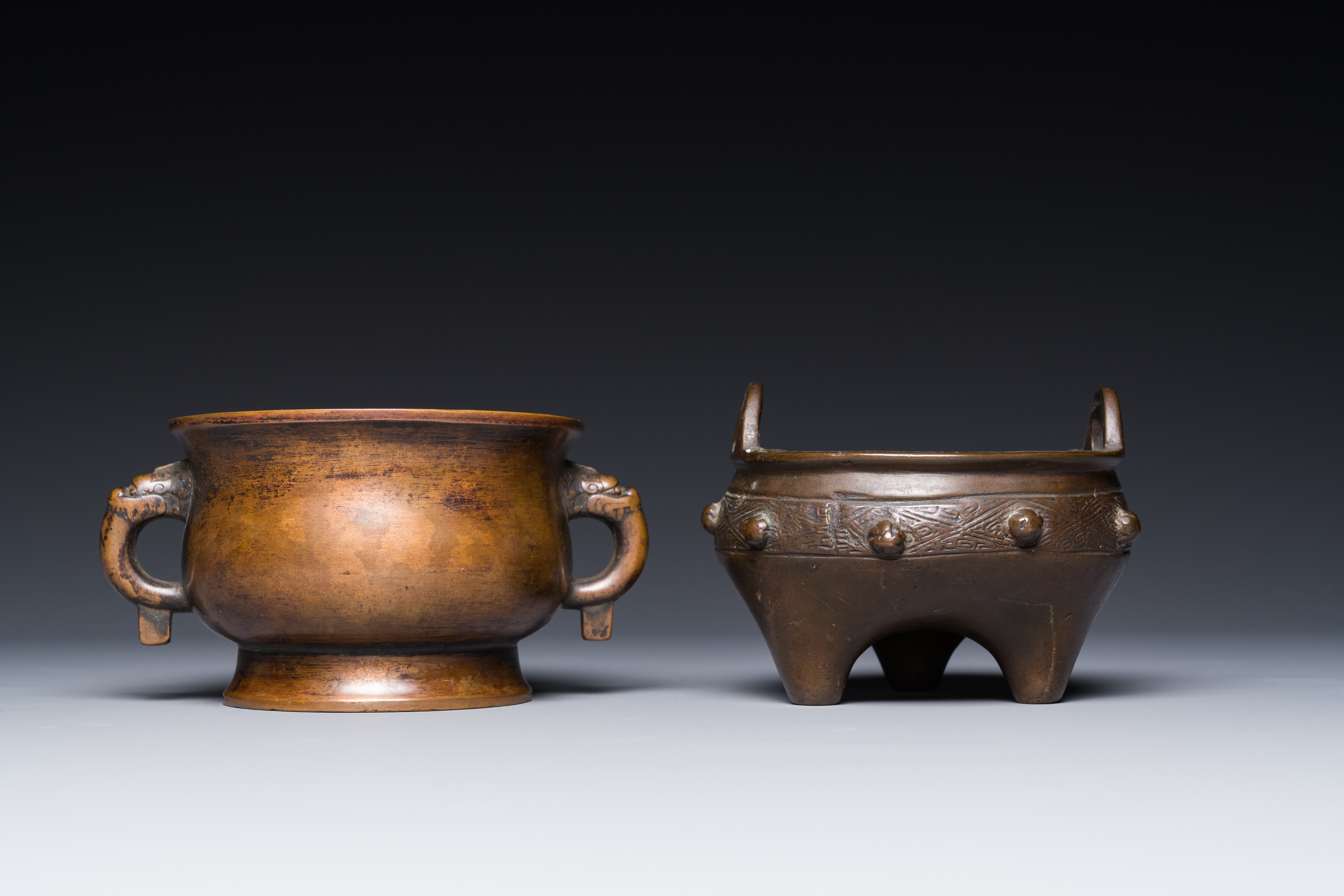 Two Chinese bronze censers, Xuande mark, Yuan/Ming - Image 4 of 7