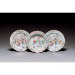 A pair of Chinese famille rose plates with mandarin design and a famille rose 'Xi Xiang Ji' plate, Y