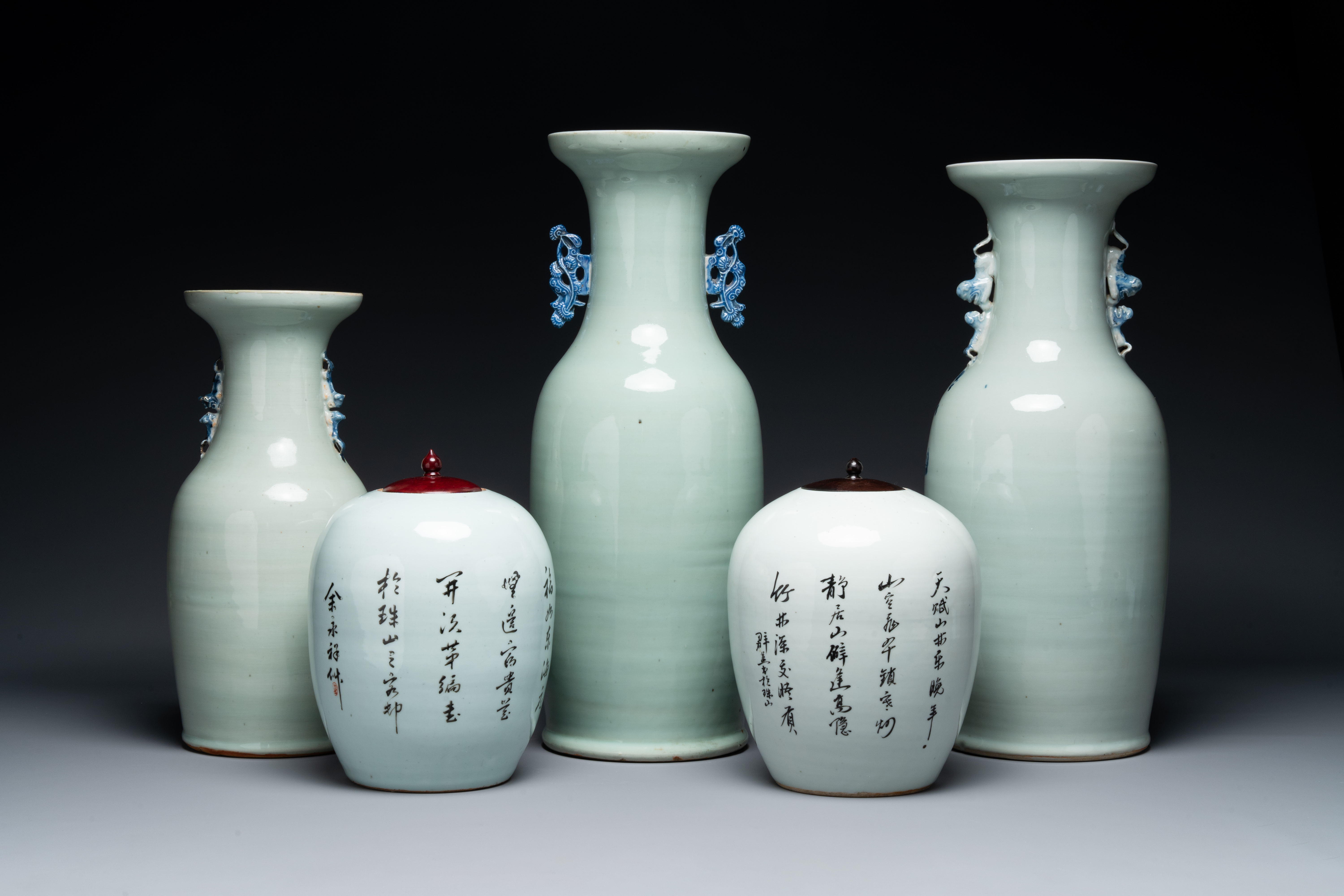 Three Chinese celadon-ground blue and white vases and two famille rose jars, 19/20th C. - Image 2 of 6