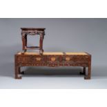 A Chinese carved wooden stand and a low table with marble tops, 19th C.