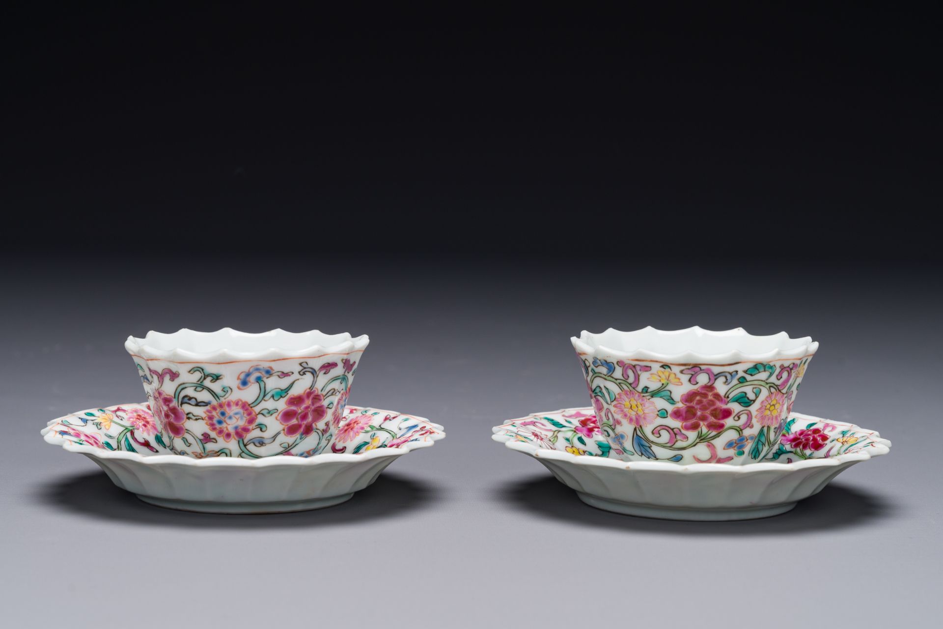 A pair of Chinese famille rose 'Xi Xiang Ji' cups and saucers, Yongzheng - Image 3 of 4