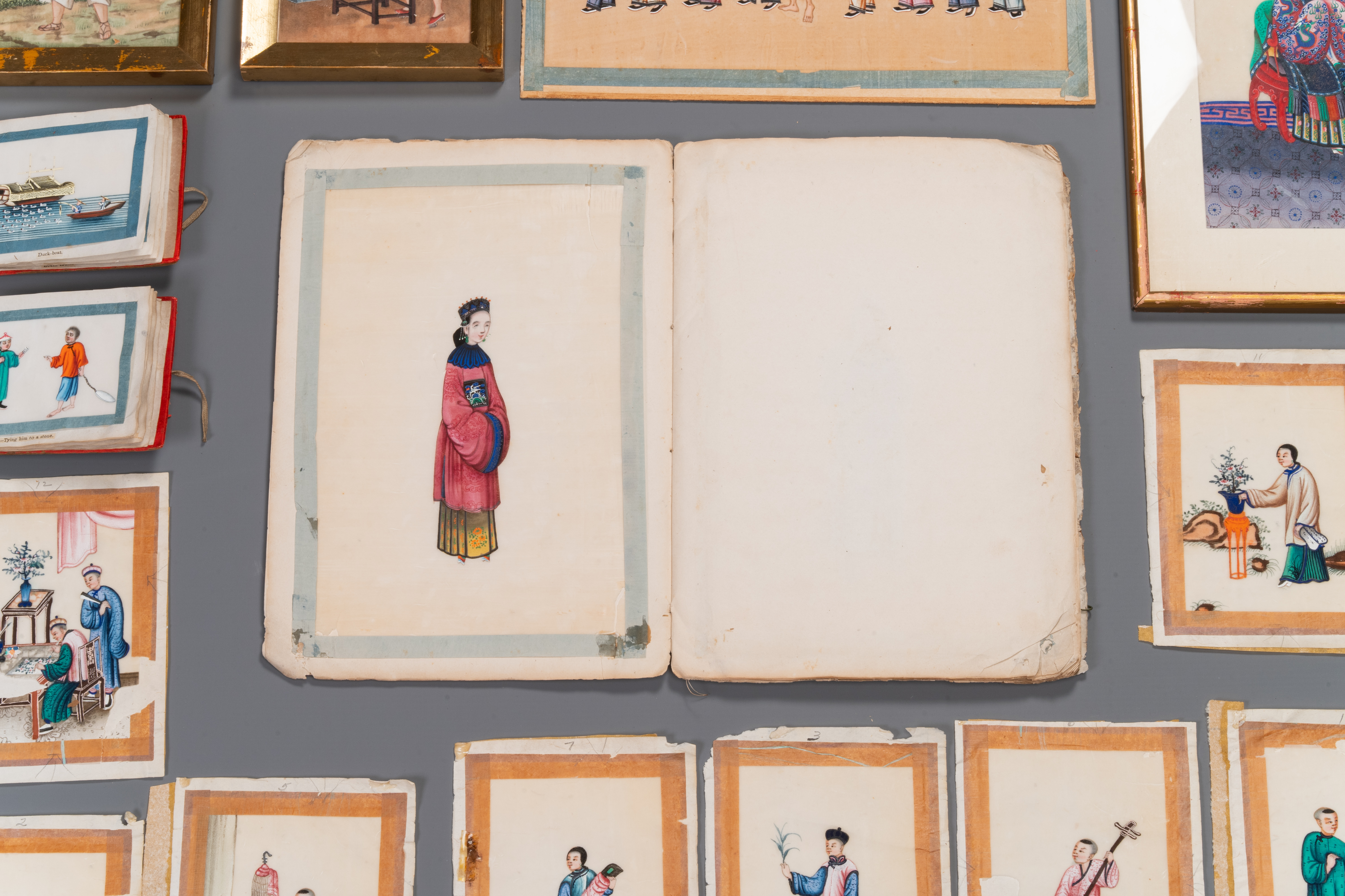 A varied collection of Chinese rice paper paintings with figures, Canton, 19th C. - Image 3 of 13
