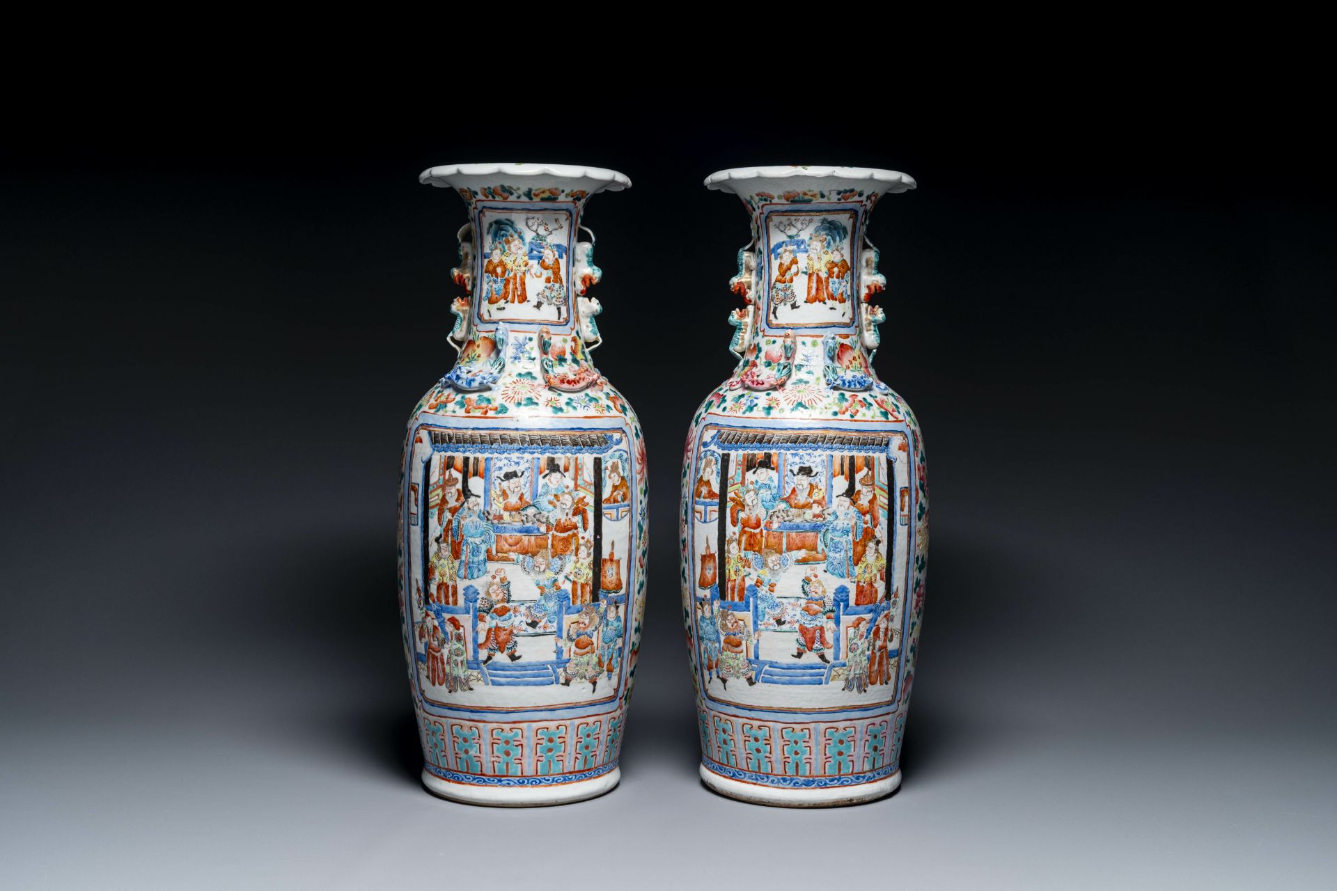 A pair of Chinese famille rose vases with narrative design, 19th C.