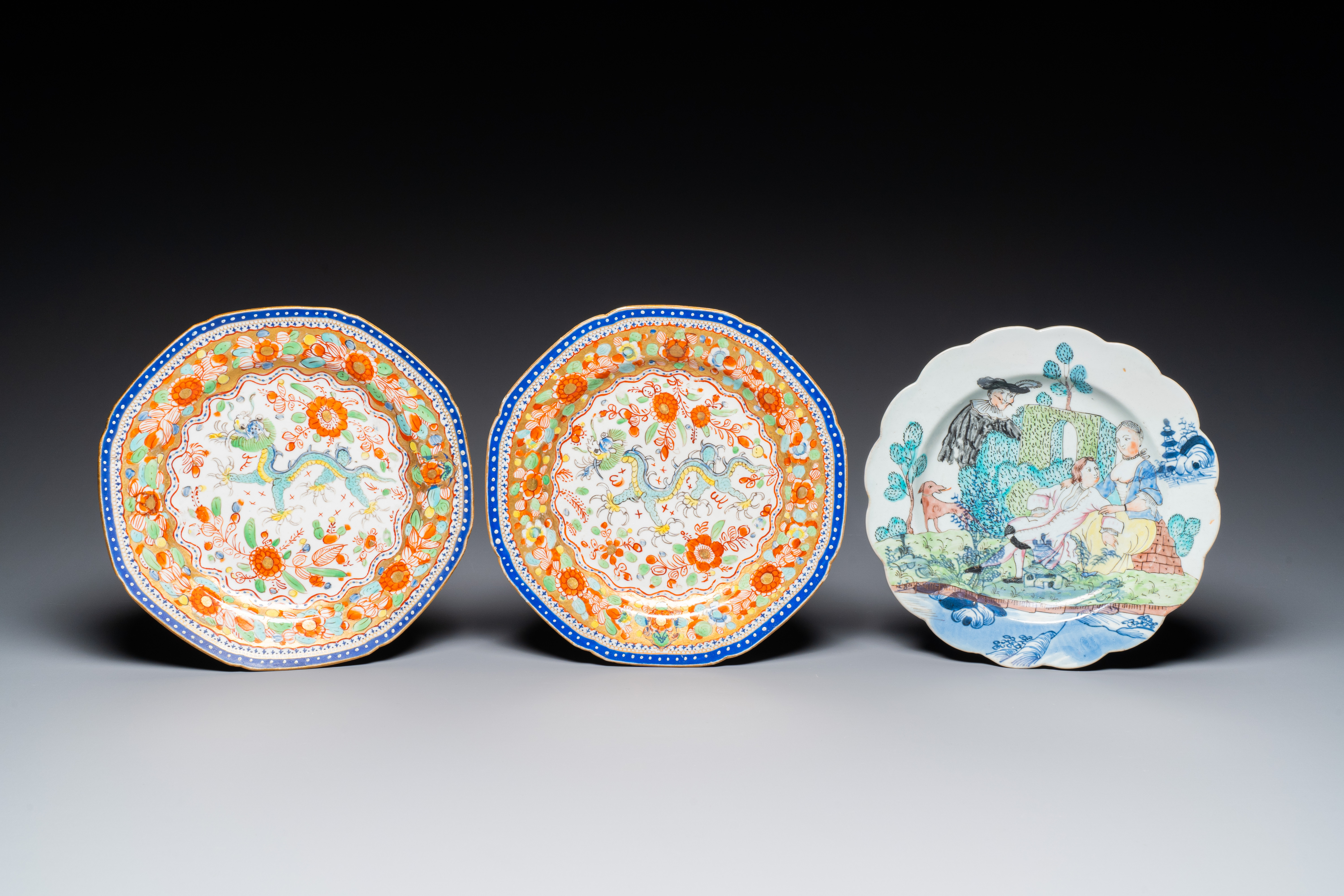 A pair of Chinese English-decorated plates and a Dutch-overdecorated Chinese bowl and plate, Qianlon - Image 2 of 9