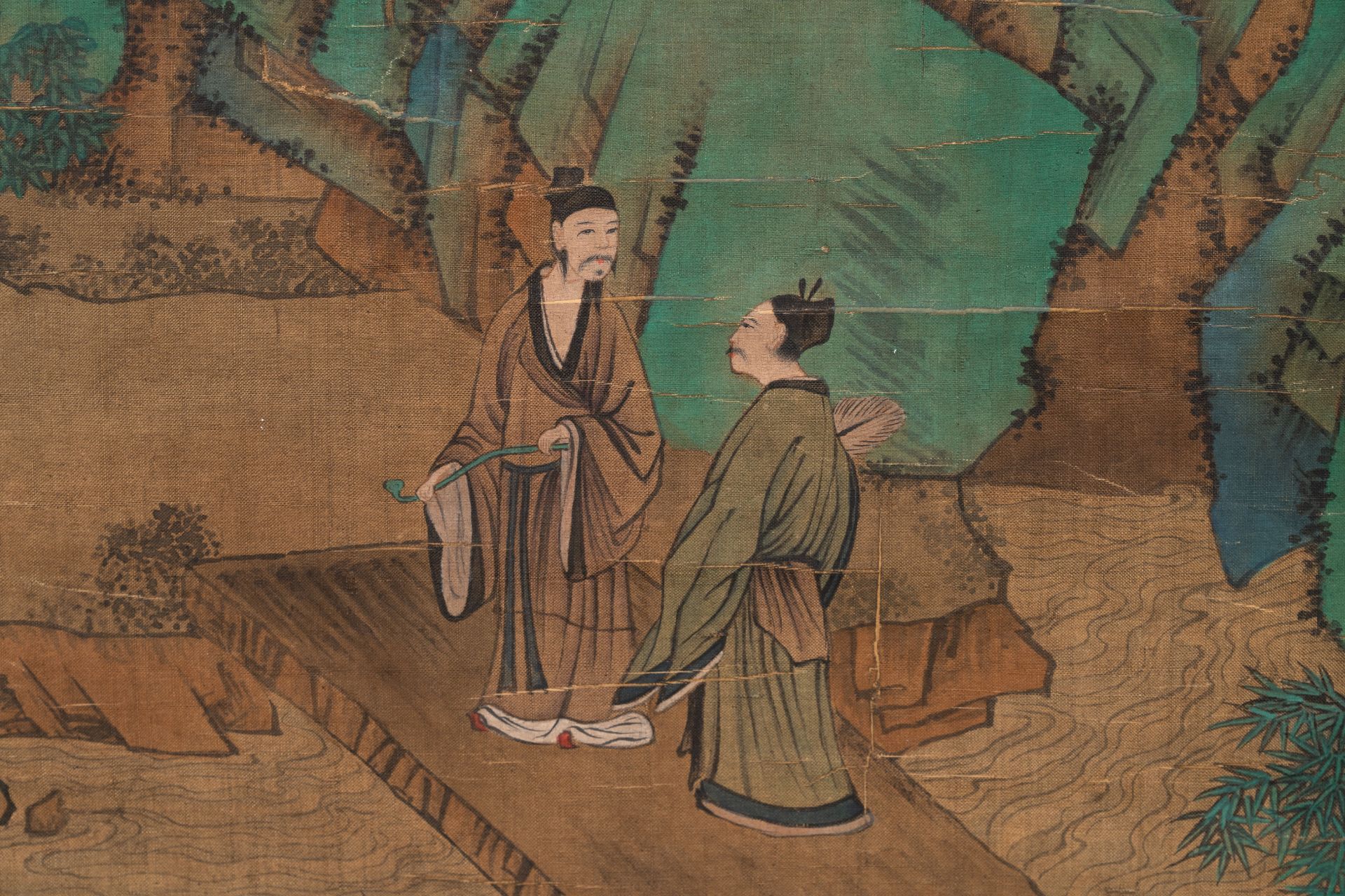 Chinese school: 'Gathering by the mountain', ink and colour on silk, 18/19th C. - Image 3 of 4