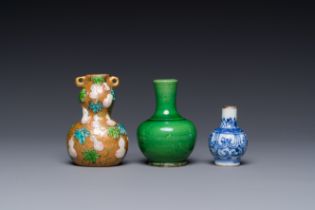 Two Chinese miniature vases and a snuff bottle with Qianlong mark, Kangxi and later