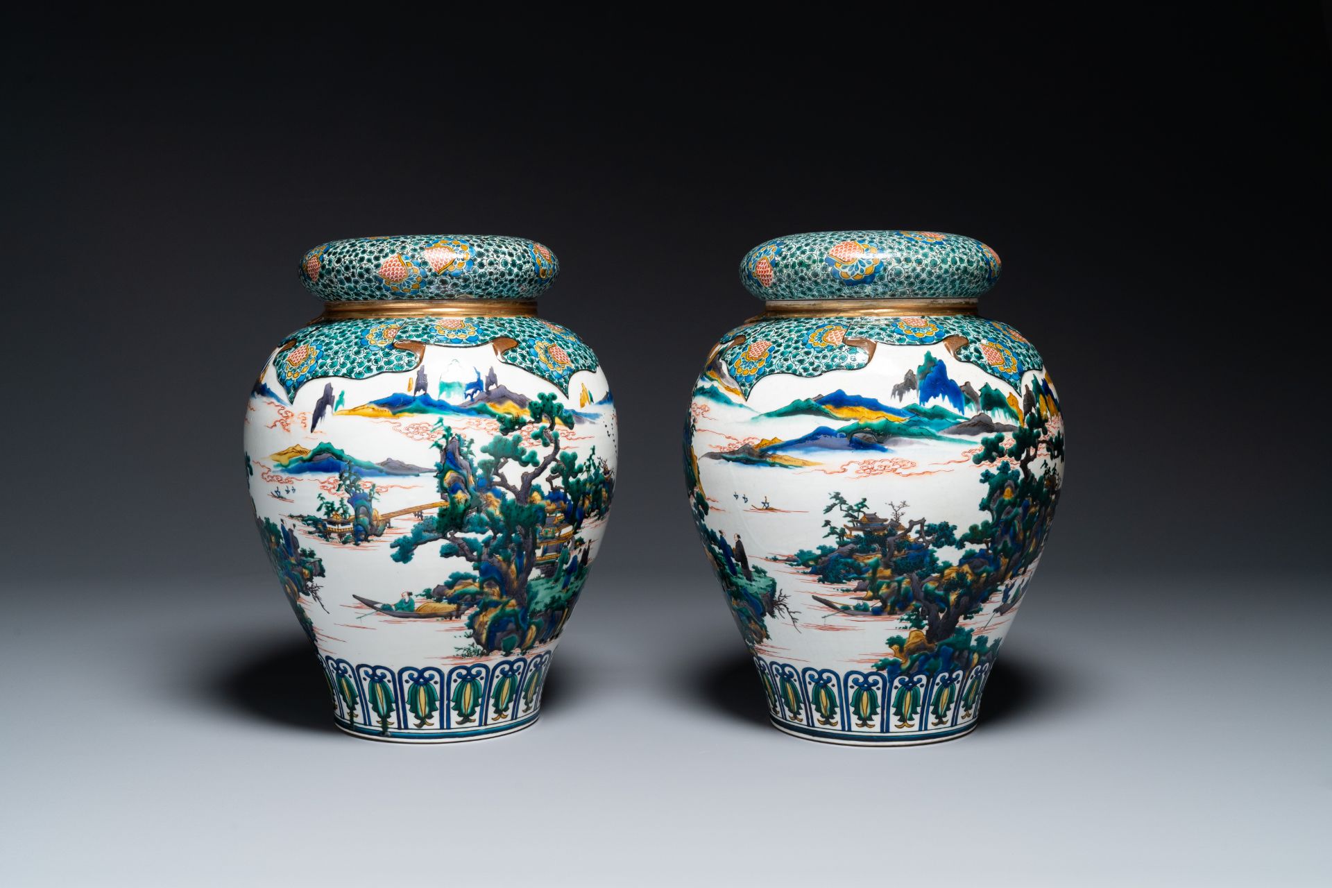 A pair of Japanese Kutani covered vases with landscape design, Meiji, 19th C. - Image 2 of 6