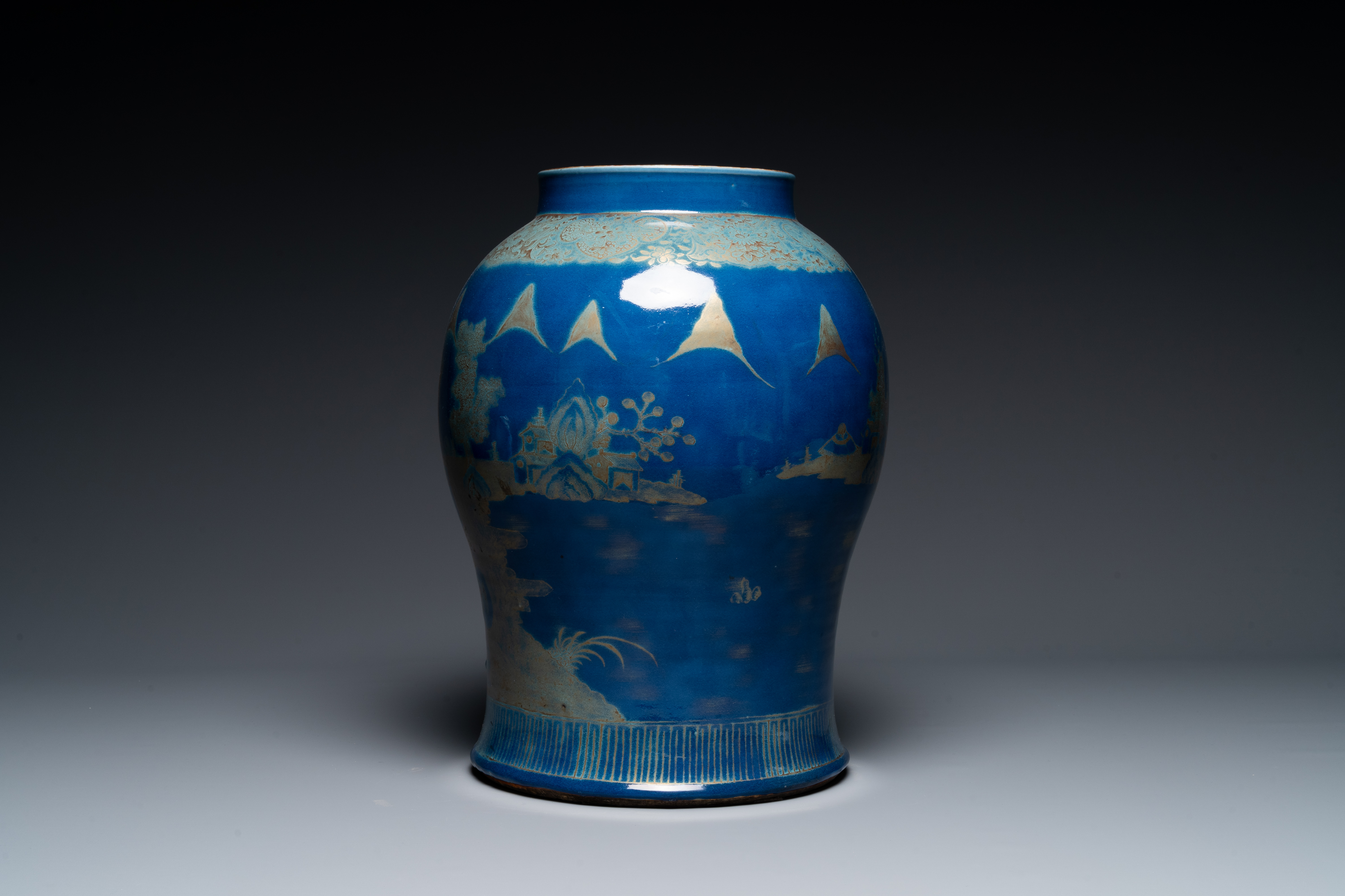 A Chinese gilt-decorated powder-blue vases with landscape design, Qianlong/jiaqing - Image 2 of 6