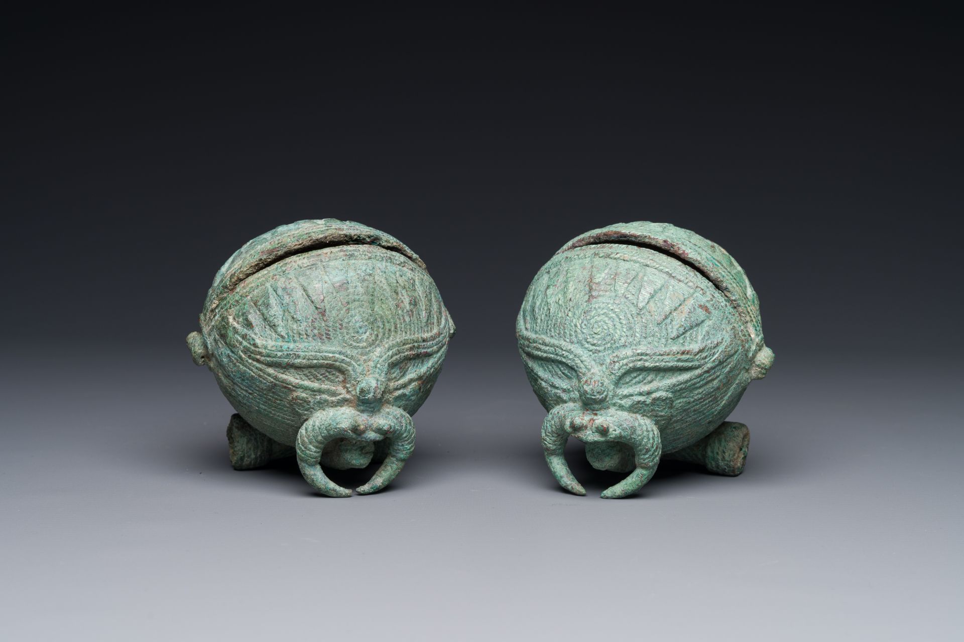 A pair of round bronze bells for water buffalo, Cambodia, Batambang provence, 300 BC