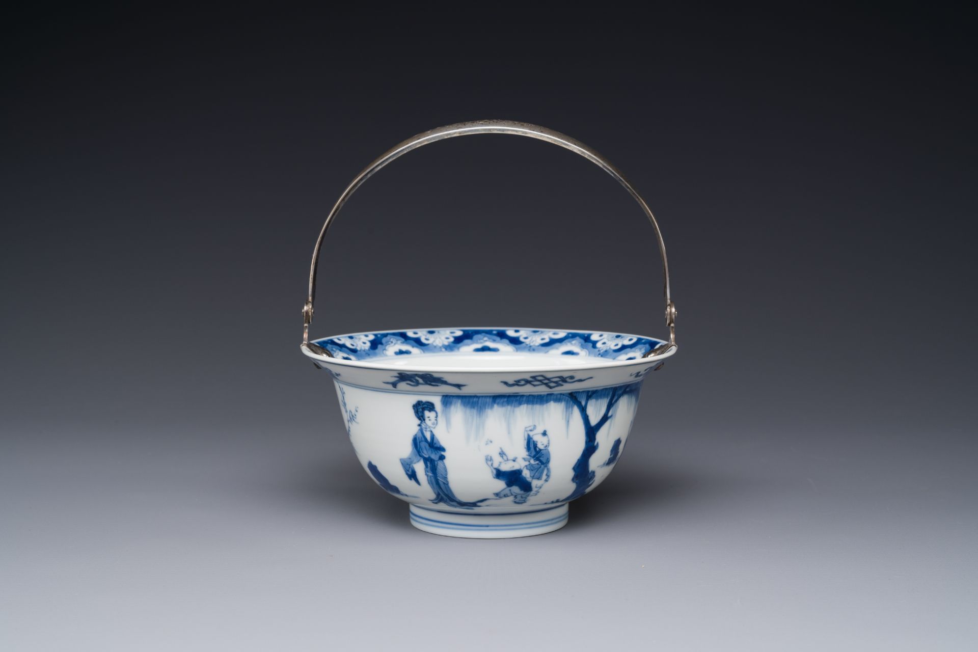 A Chinese blue and white bowl depicting playing boys and ladies with a silver handle, Chenghua mark, - Image 2 of 6