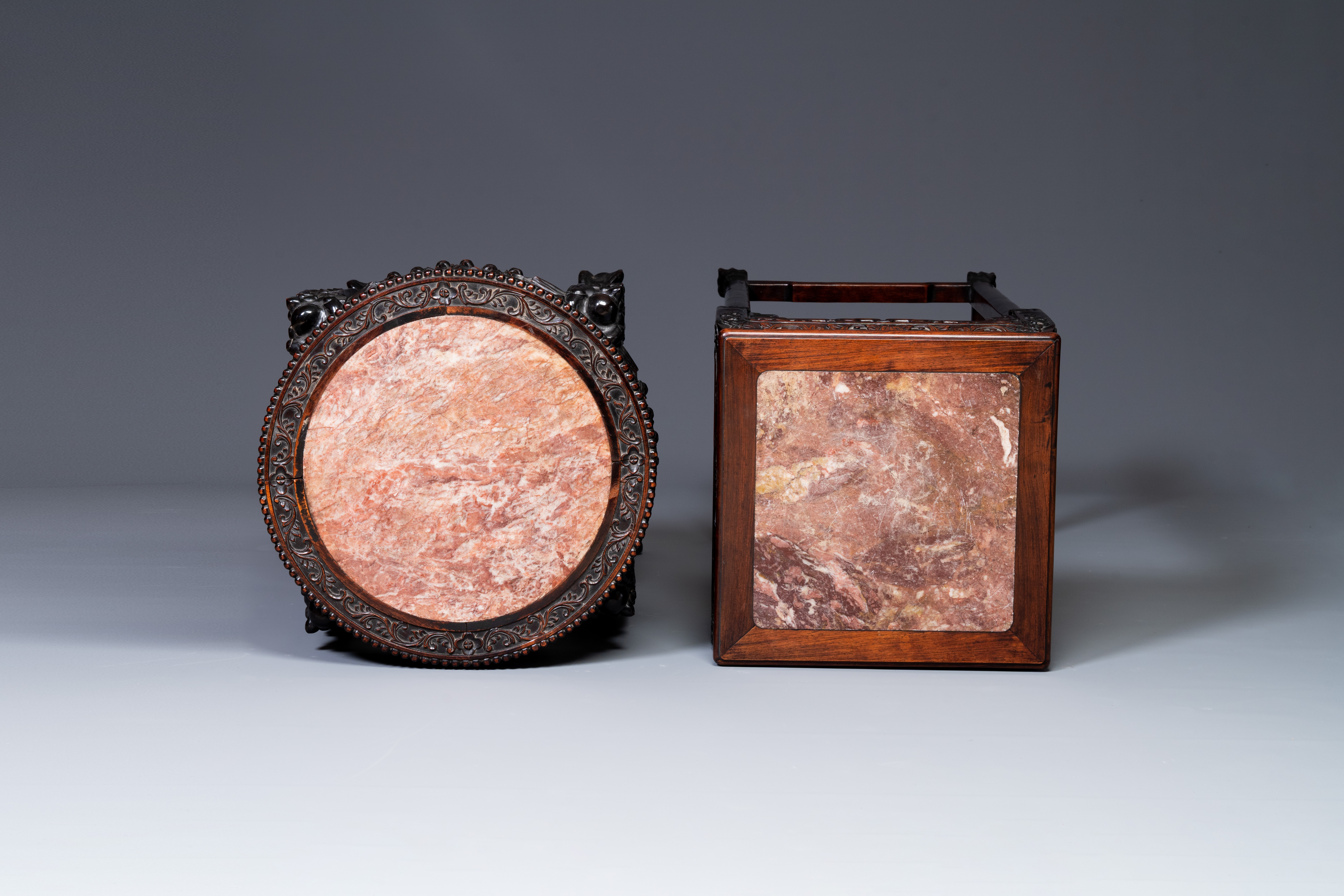 Two Chinese carved wooden stands with marble tops, 19th C. - Image 4 of 5