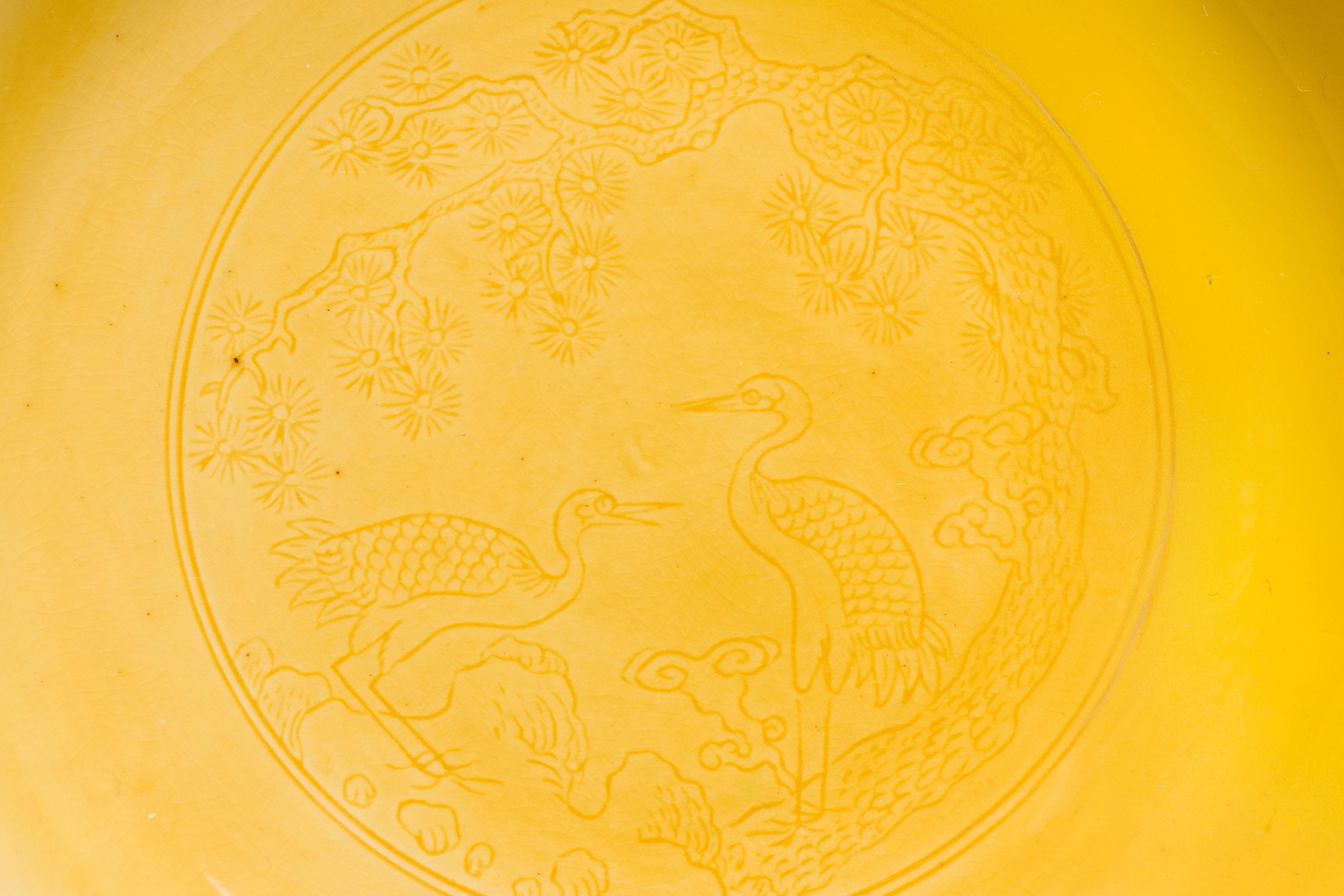 A pair of Chinese monochrome yellow-glazed saucers with incised designs of pine and cranes, Yongzhen - Image 3 of 3