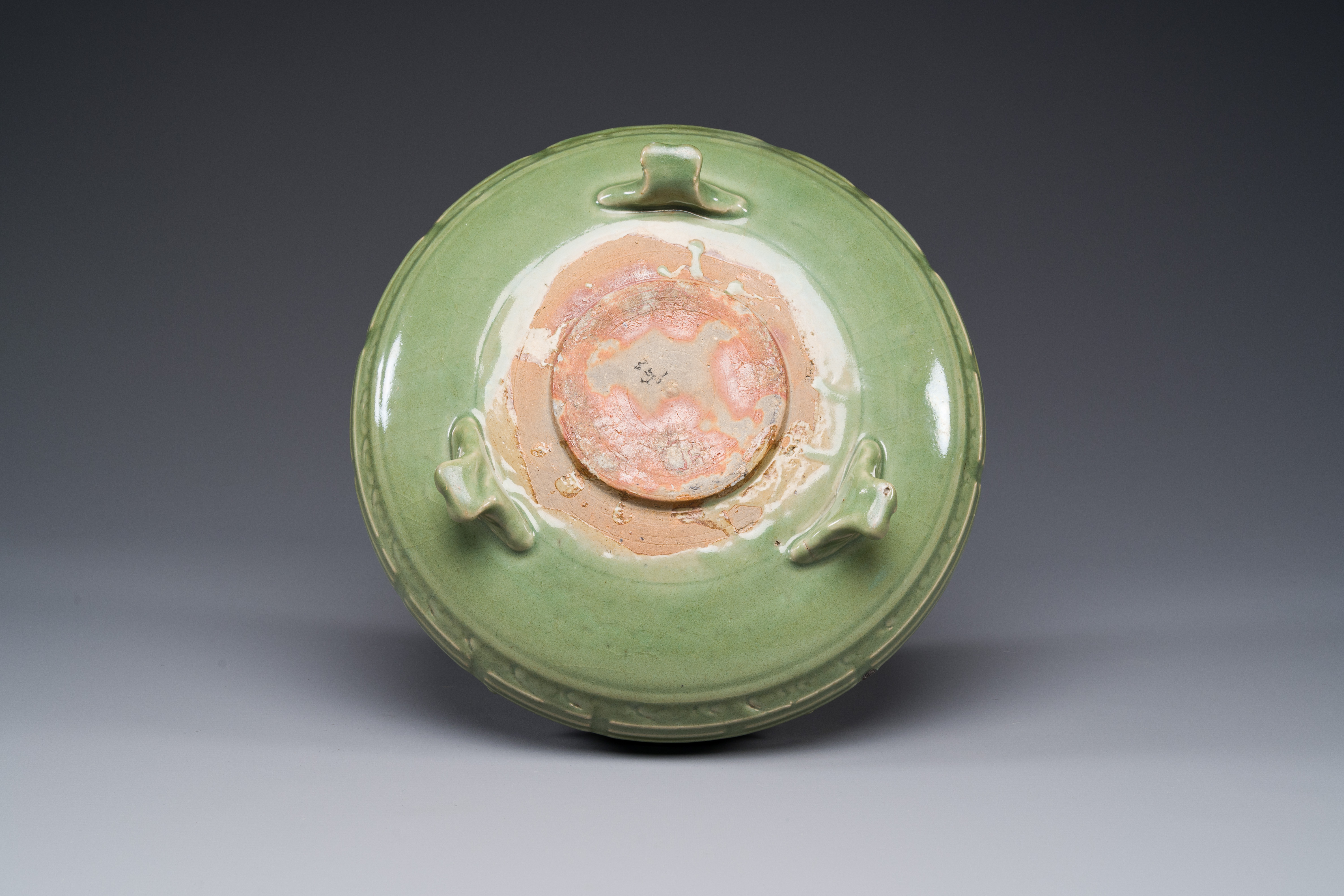 A Chinese Longquan celadon tripod censer on wooden stand, Yuan/Ming - Image 7 of 10