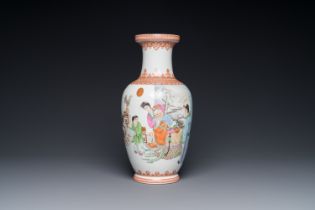 A Chinese famille rose vase with figural design, Qianlong mark, 20th C.