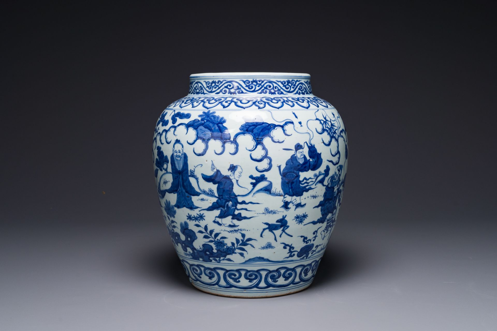 A Chinese blue and white 'Ba Xian Zhu Shou å…«ä»™ç¥å£½' jar, Wanli mark and possibly of the period - Image 3 of 6