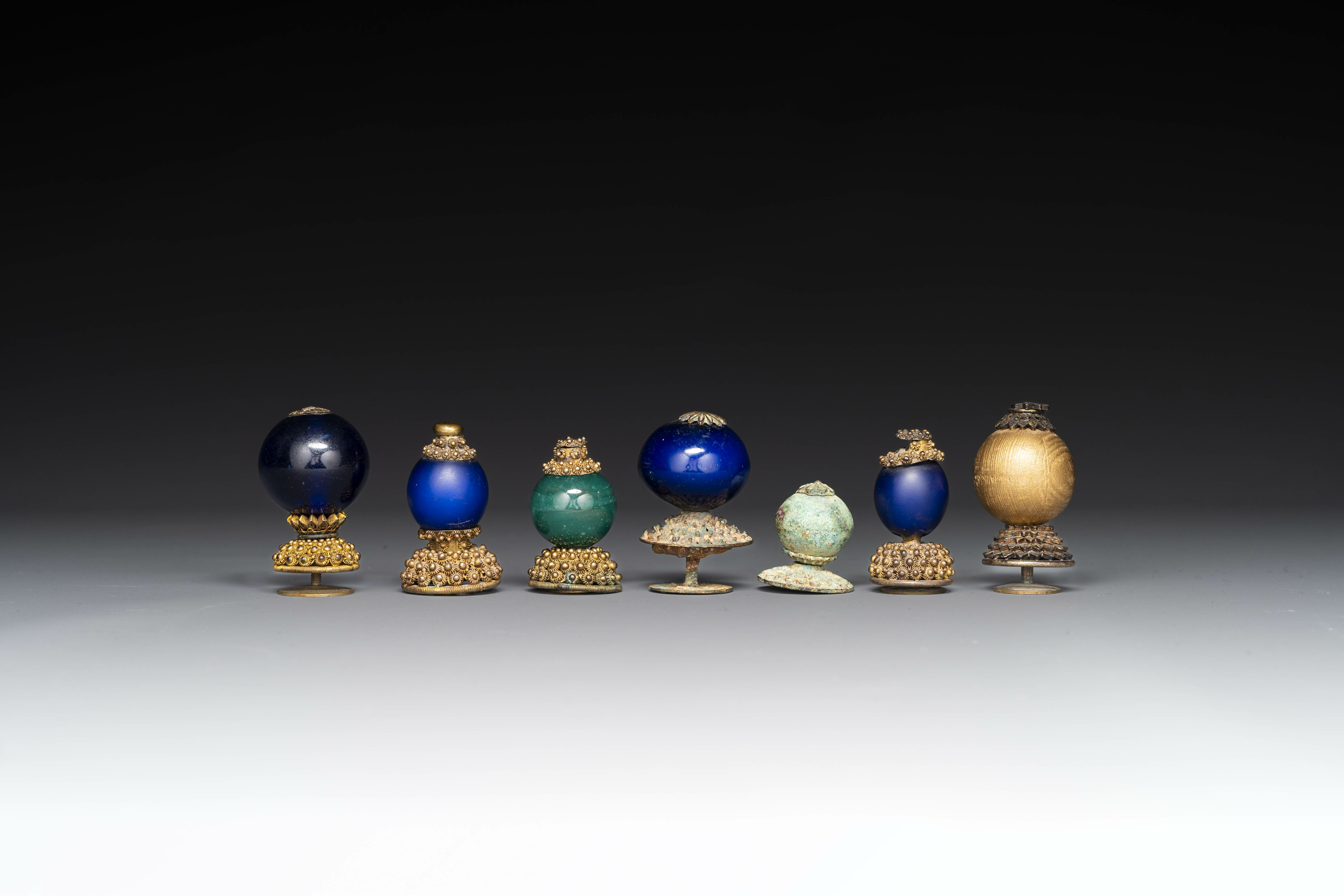 Seven Chinese gilt bronze Mandarin hat finials, Qing - Image 5 of 7