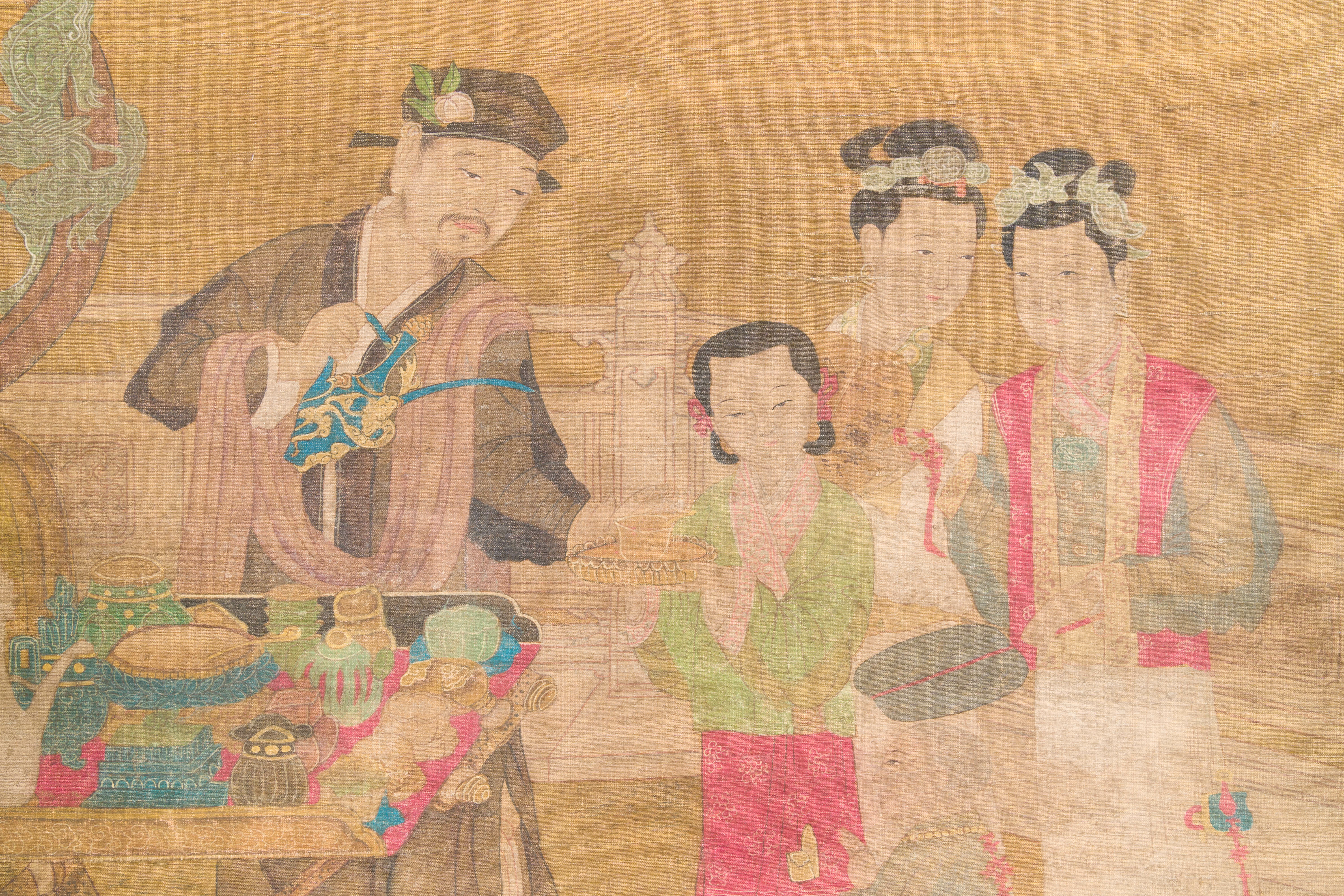 Chinese school: 'Gathering under the pine', ink and colour on silk, 18/19th C. - Image 5 of 5