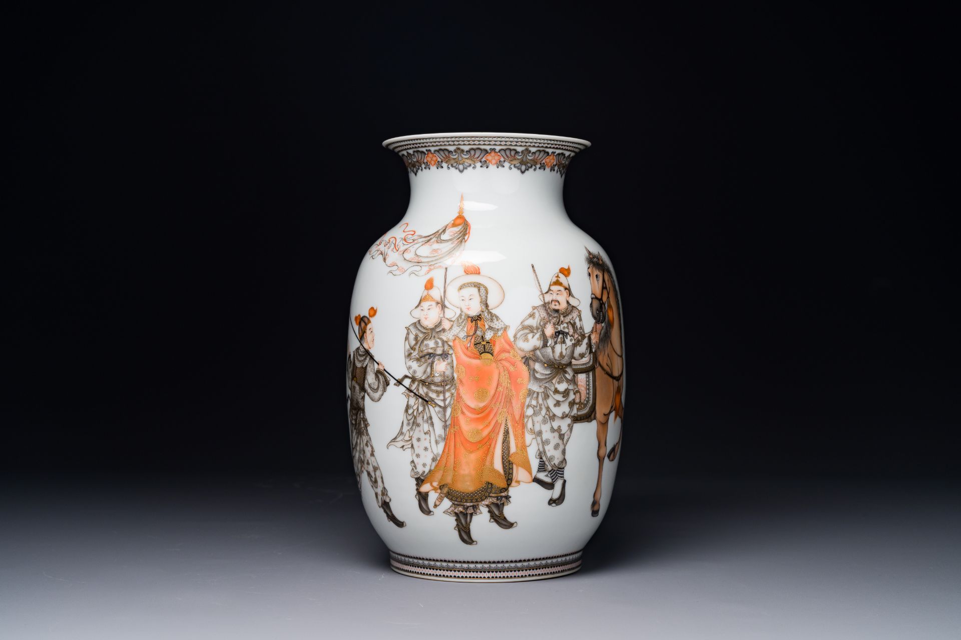 A fine Chinese iron-red, grisaille and gilt lantern-shaped 'mulan æœ¨è˜­' vase, signed Zhou Xiangpu