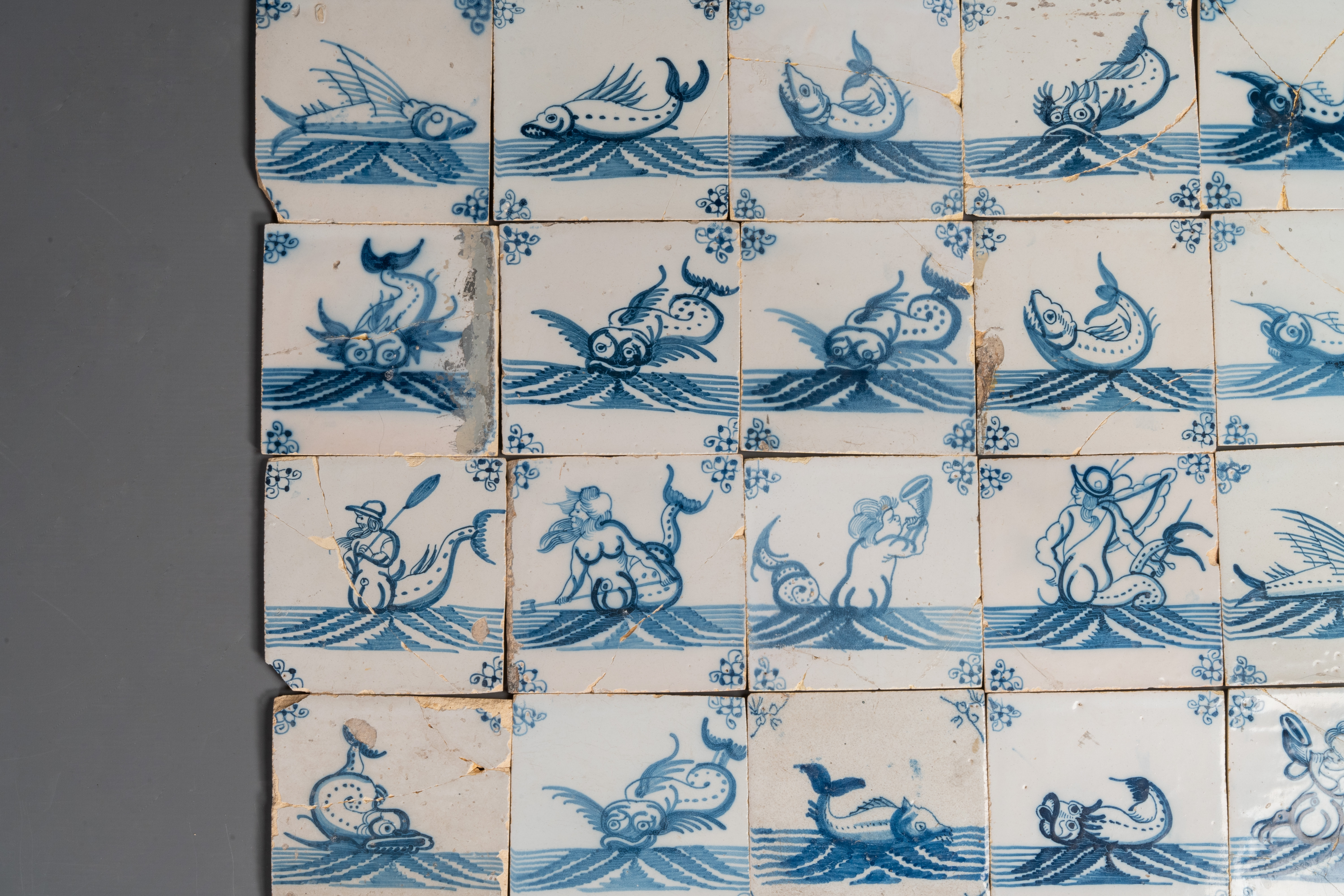 92 blue and white Dutch Delft tiles with sea monsters and ships, 18th C. - Image 5 of 16