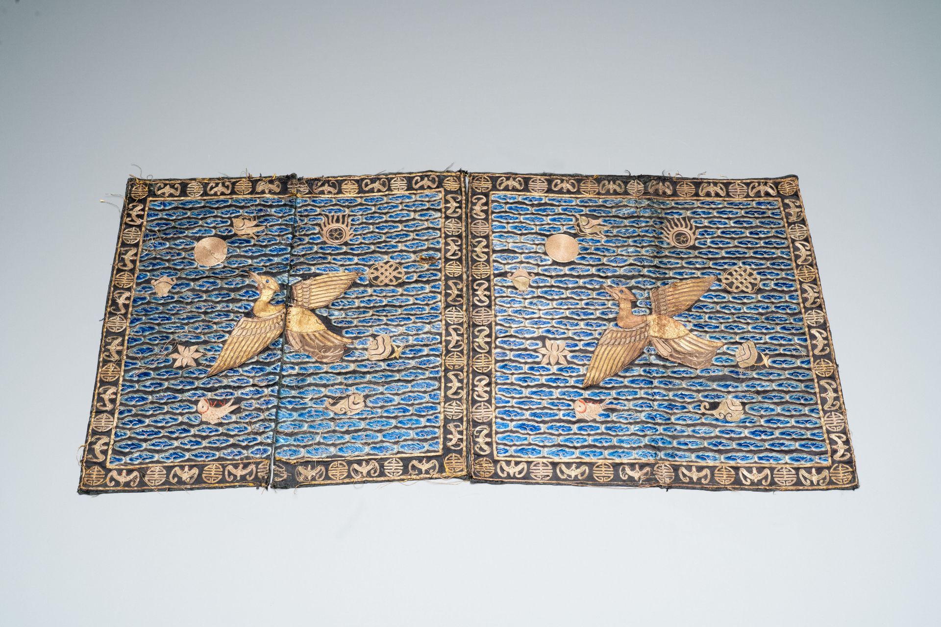 A pair of Chinese gold-thread-embroidered silk 'rank badges' with wild geese, 19th C.