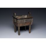 A Chinese Western Zhou-style rectangular bronze 'fangding' censer, Ming