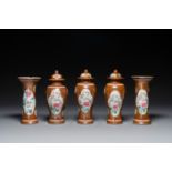 A Chinese capucin-brown-ground famille rose garniture of five vases with floral design, Yongzheng/Qi