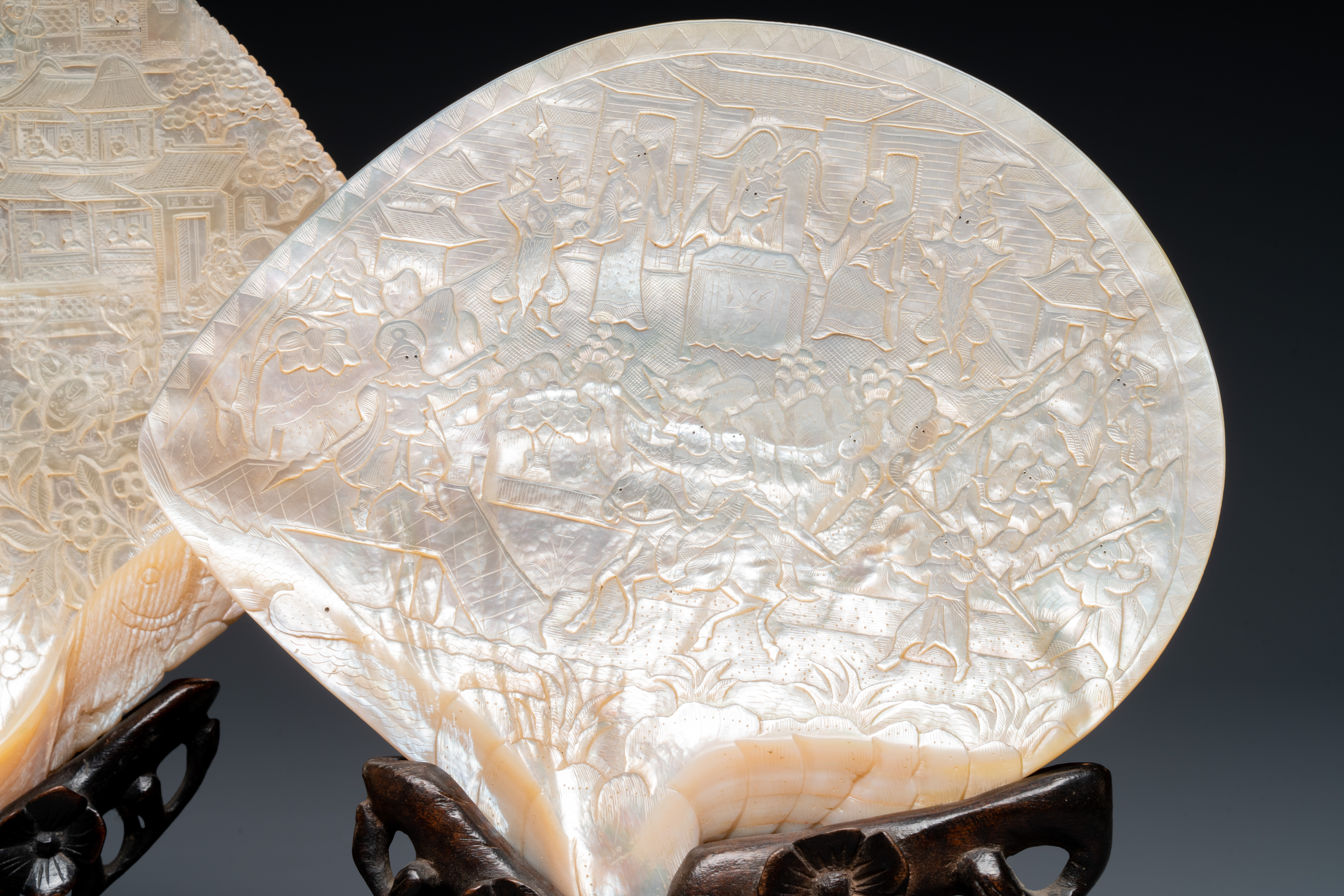 Five Chinese carved mother-of-pearl shells on wooden stands, Canton, 19th C. - Image 3 of 7
