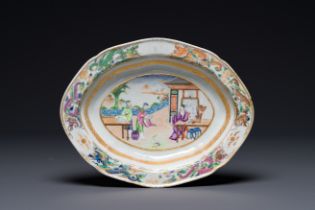 An oval Chinese Canton famille rose bowl with figural design, 19th C.