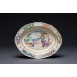 An oval Chinese Canton famille rose bowl with figural design, 19th C.