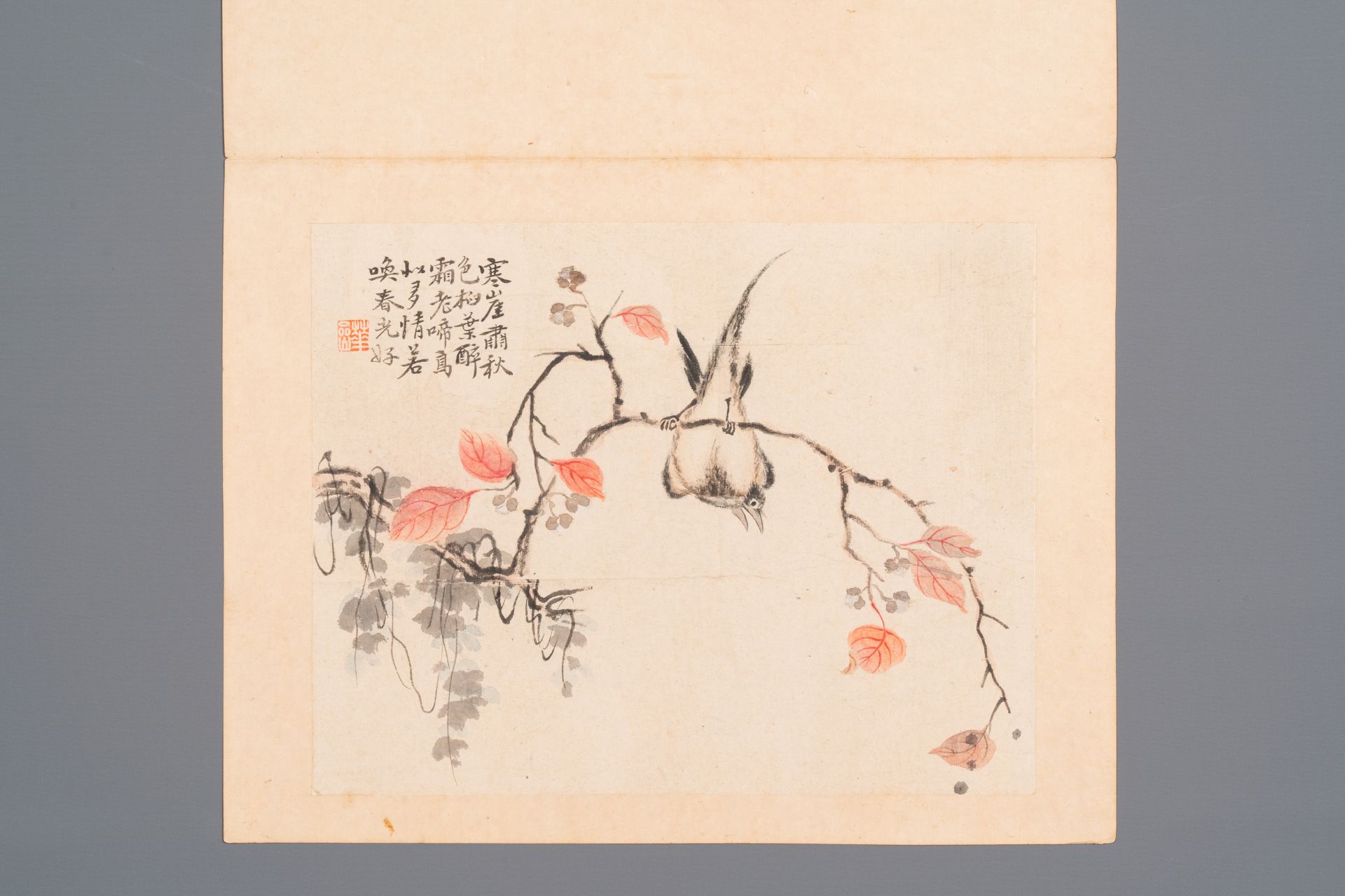 Chinese school: Six works with birds, flowers and fruits, ink and colour on paper, 19/20th C. - Bild 2 aus 9