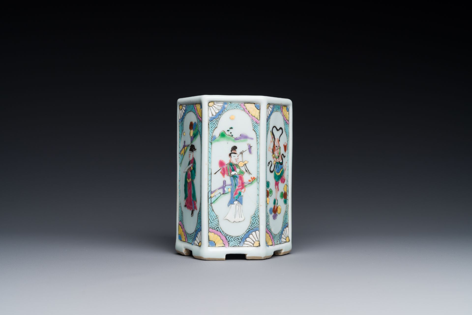 A Chinese hexagonal famille rose brush pot, Yongzheng - Image 3 of 4